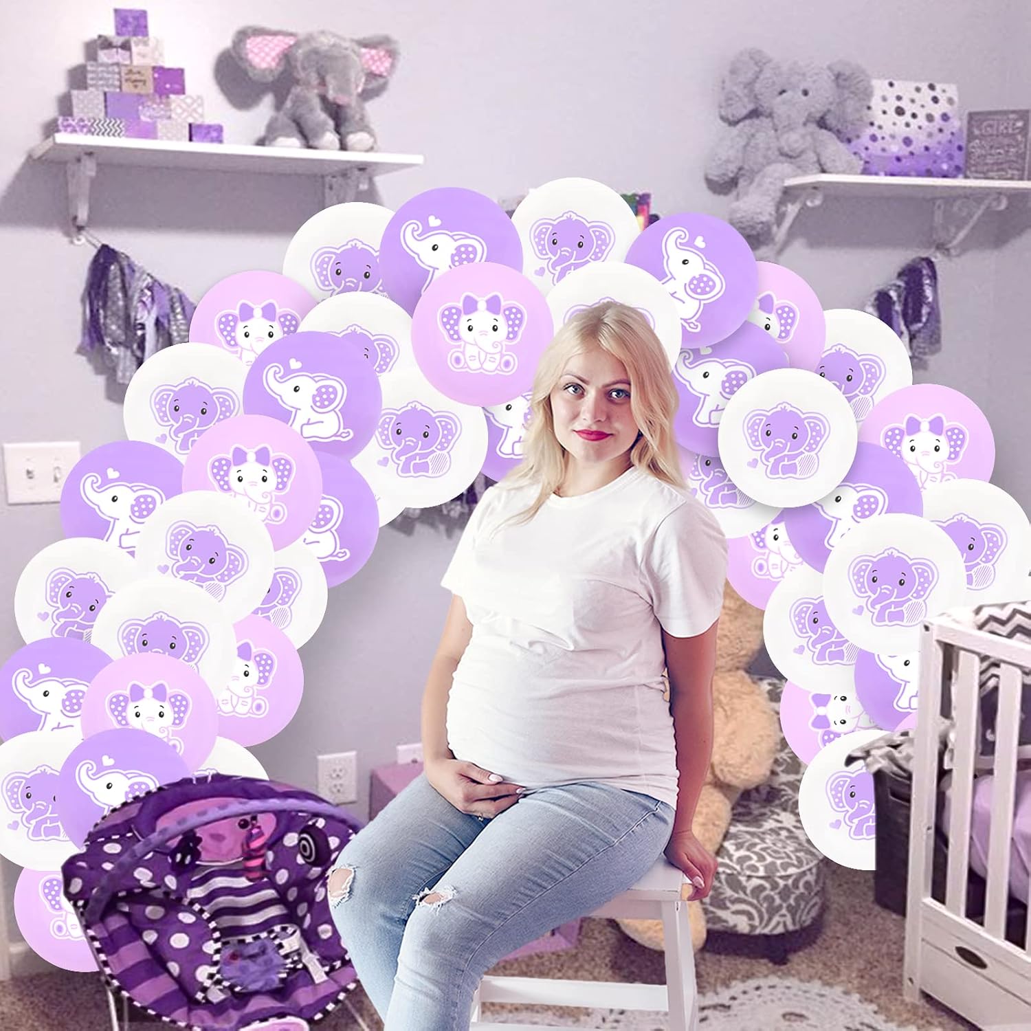 45 Pieces 12 Inches Elephant Party Latex Balloons Purple - Elephant Baby Shower Party Decorations, Elephant Printed Balloon for It's a Girl Pregnancy Celebration Newborn Birthday Party Supplies