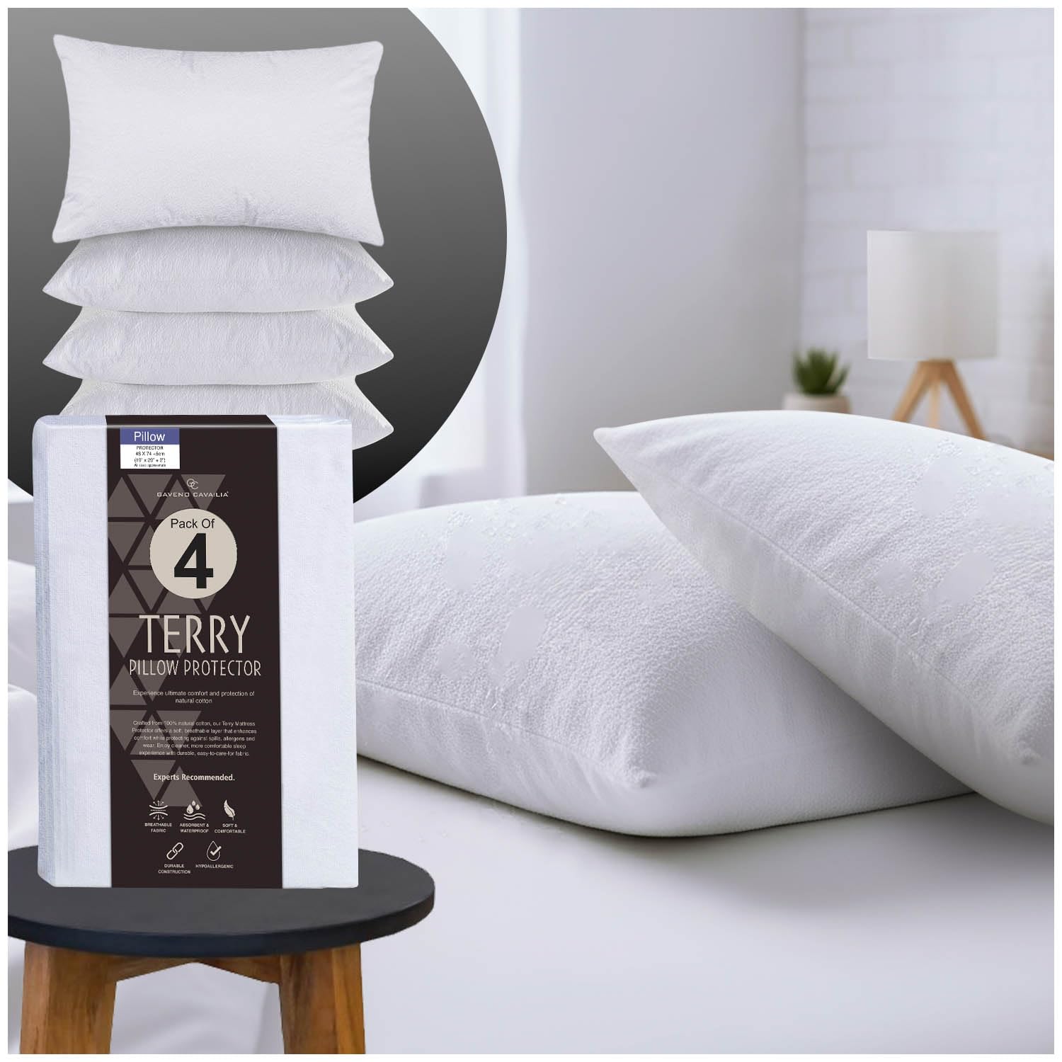 GC GAVENO CAVAILIA Terry Towel Waterproof Pillow Protectors - Pack of 2 Anti Allergy Towelling Pillow Protectors - Breathable & Soft Pillow Cover - White