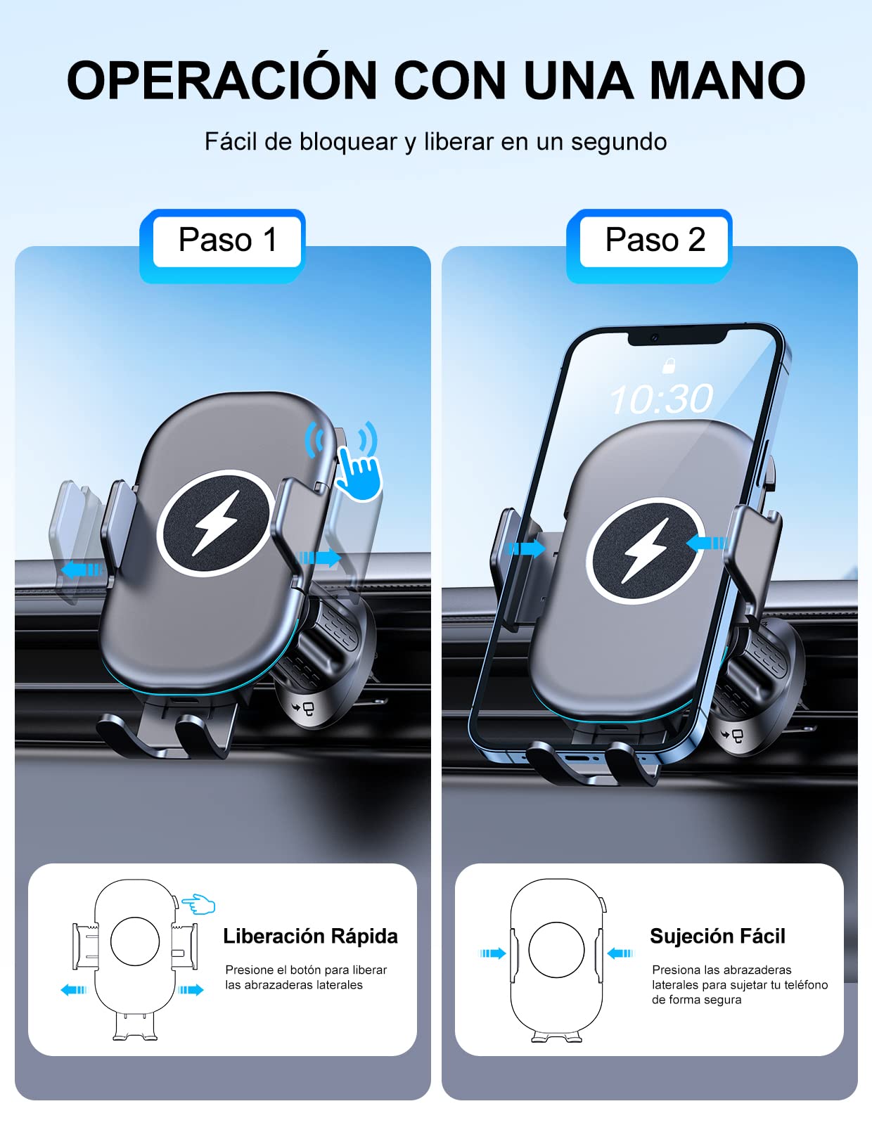Mohard 15W Qi Cargador Inalámbrico Coche con Adaptador Cargador, Soporte Móvil Coche Carga Rápida, Rotación de 360° Sujeta Movil Coche Compatible con iPhone 16 Pro Max/15/14/13, Galaxy S25 Ultra/S23