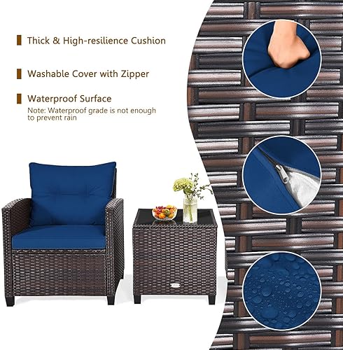 Miniatura 4 de RELAX4LIFE Juego de muebles de patio de 3 piezas, juego de conversación de mimbre con 2 sillones acolchados y mesa superior de cristal, juego de