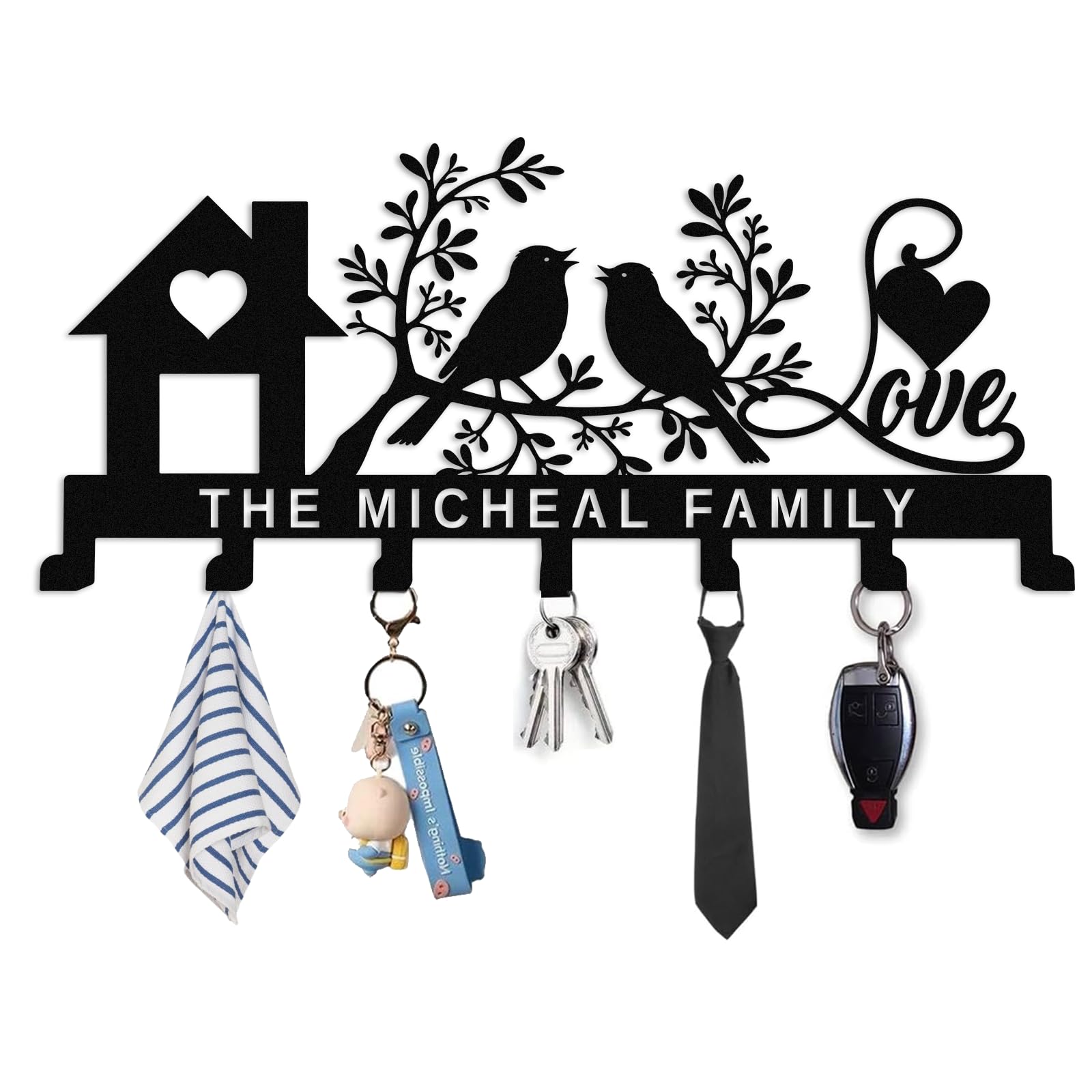 Met5kdm Style-5 Personalized Key Holder For Wall,Custom Metal Birds Hooks With Name,Key Hanger Organizer For Entryway, Front Door, Hallway, Bathroom,Home Sweet Home Decor