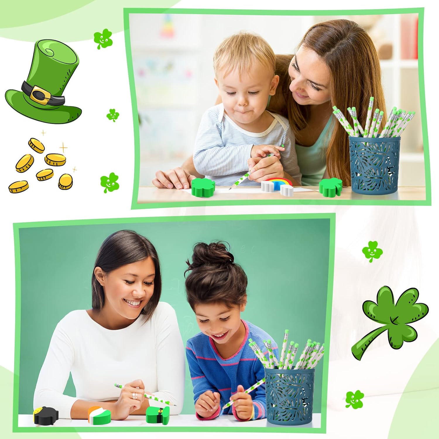 Gersoniel 240 Pieces St. Patrick's Mini Erasers for Kids Irish Shamrock Classroom Prizes School Cute Fun Puzzle Erasers Bulk Scented Pencil Toys for Party Supplies