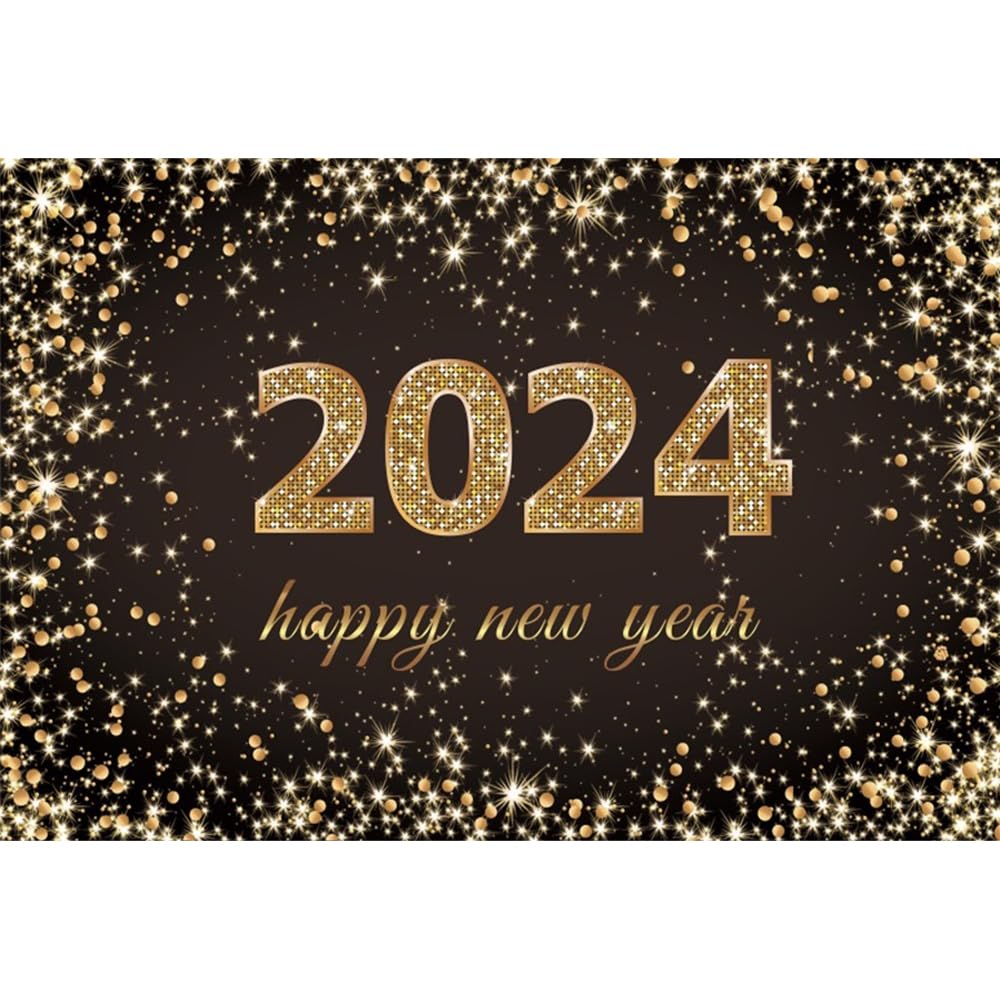 Leowefowa 3x2m Vinyl Happy New Year Backdrop Black And Gold Glitter Spot Backdrops New Year Eve Party Decors 2024 Photo Background For Party Photo Shoots Kids Adults Studio Props Photography Backdrops
