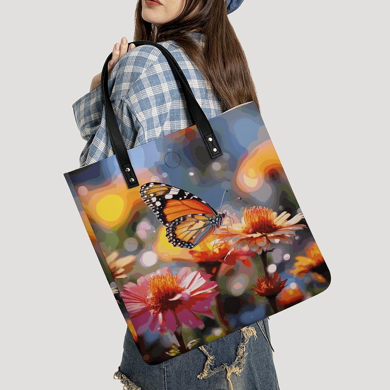 Bloom Flower And Butterfly Tote Bag with Magnetic Buckle Reusable Grocery Bags Lightweight Cross Body Handbag for Daily Essentials