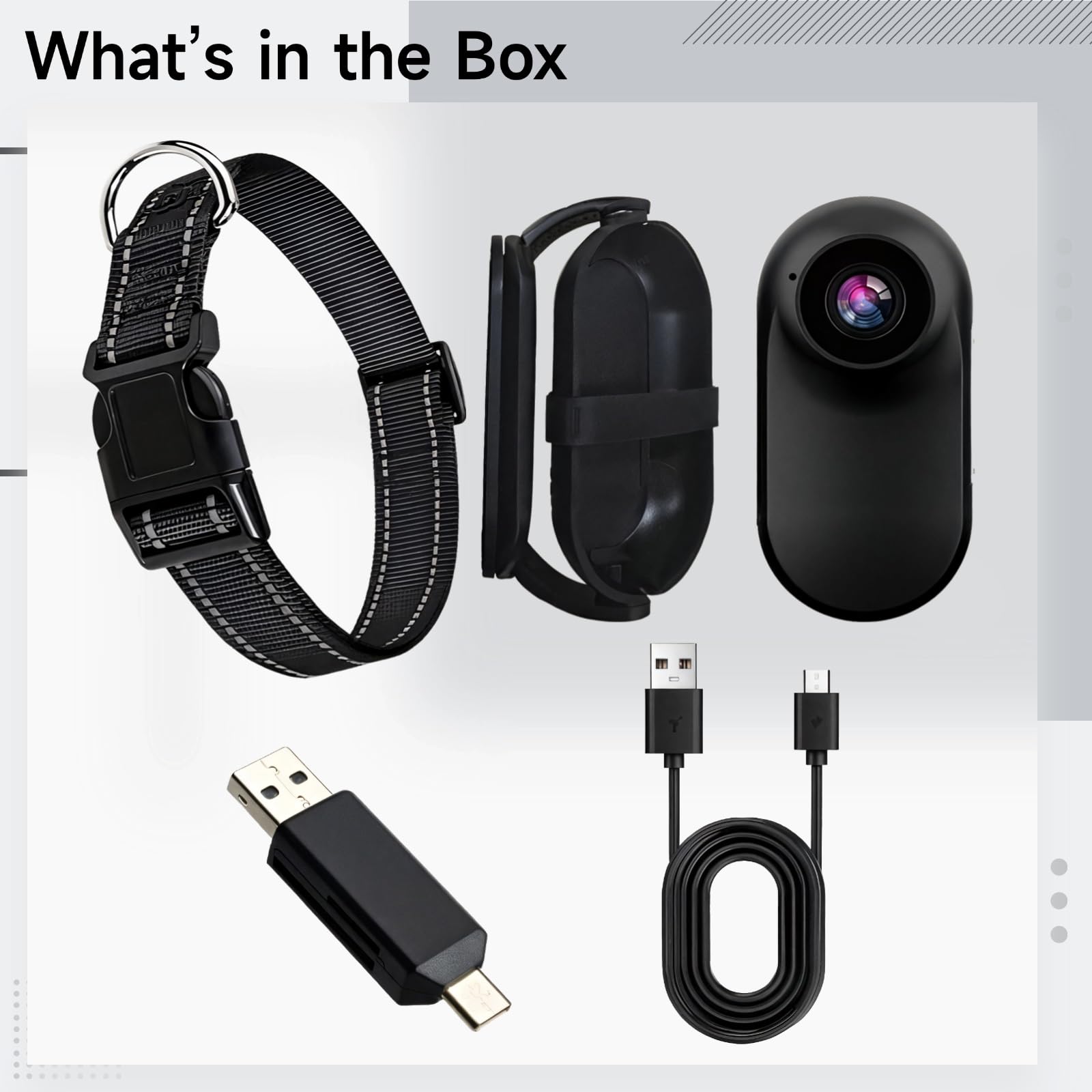 Cámara de collar para perros y gatos con montaje de 360°, collar ajustable, adaptador OTG y cable USB, mini cámara de acción para mascotas, cámara corporal HD para gatos y perros, grabación en
