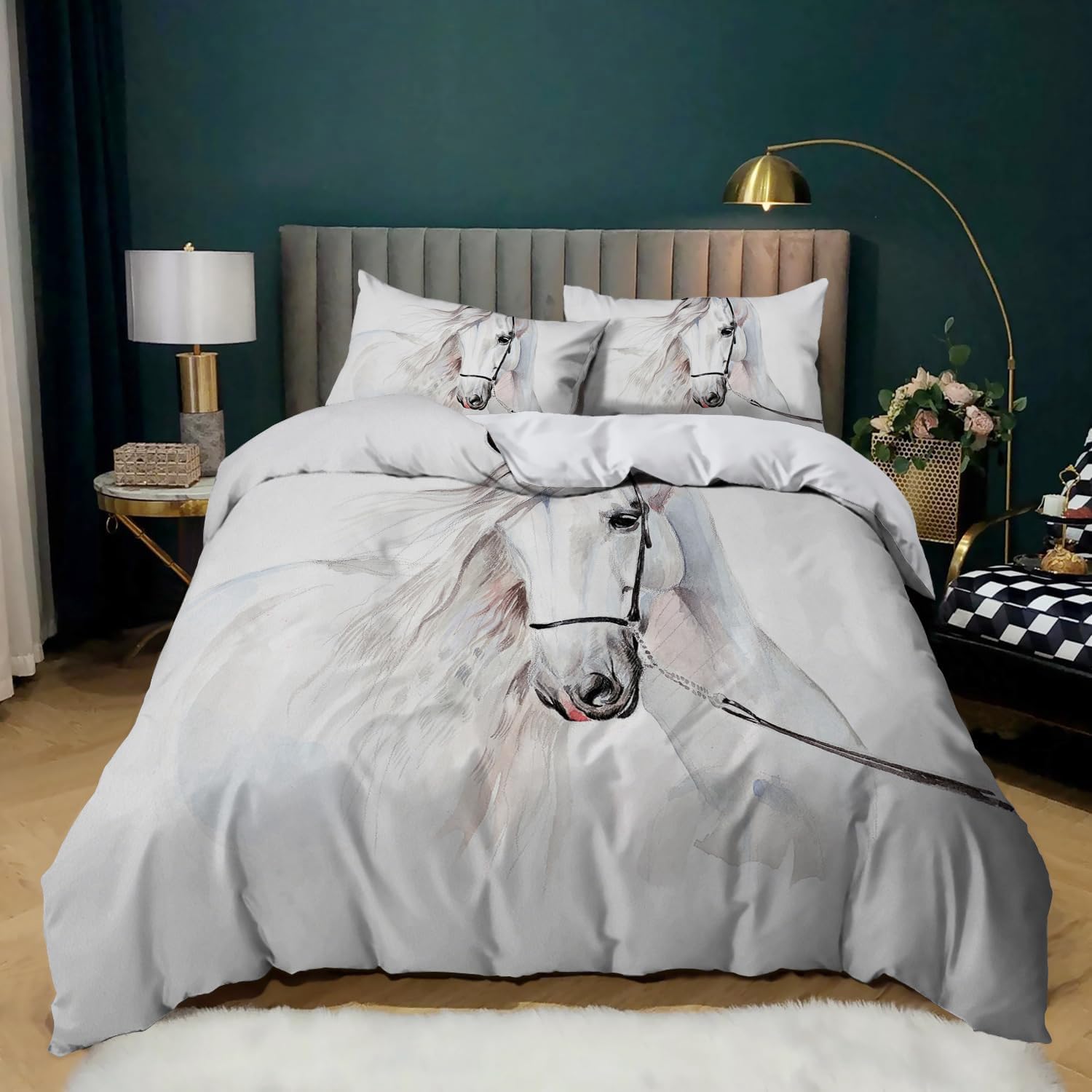 Juego de ropa de cama de microfibra con diseño de caballos, 3D, con cremallera y funda de almohada, para niños, adolescentes, 135 x 200 cm
