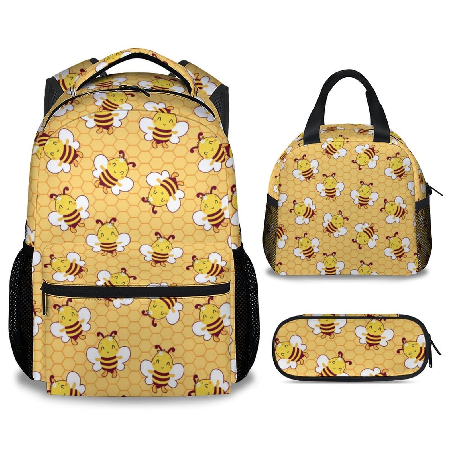 Bee Backpack with Lunch Box - Set of 3 School Backpacks Matching Combo - Soft Portable Yellow Bookbag and Pencil Case Bundle