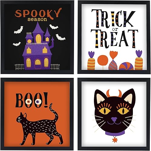 ArtbyHannah Decoración de pared enmarcada de Halloween, arte de pared espeluznante con mansión gótica encantada e imágenes de gatos para cocina,