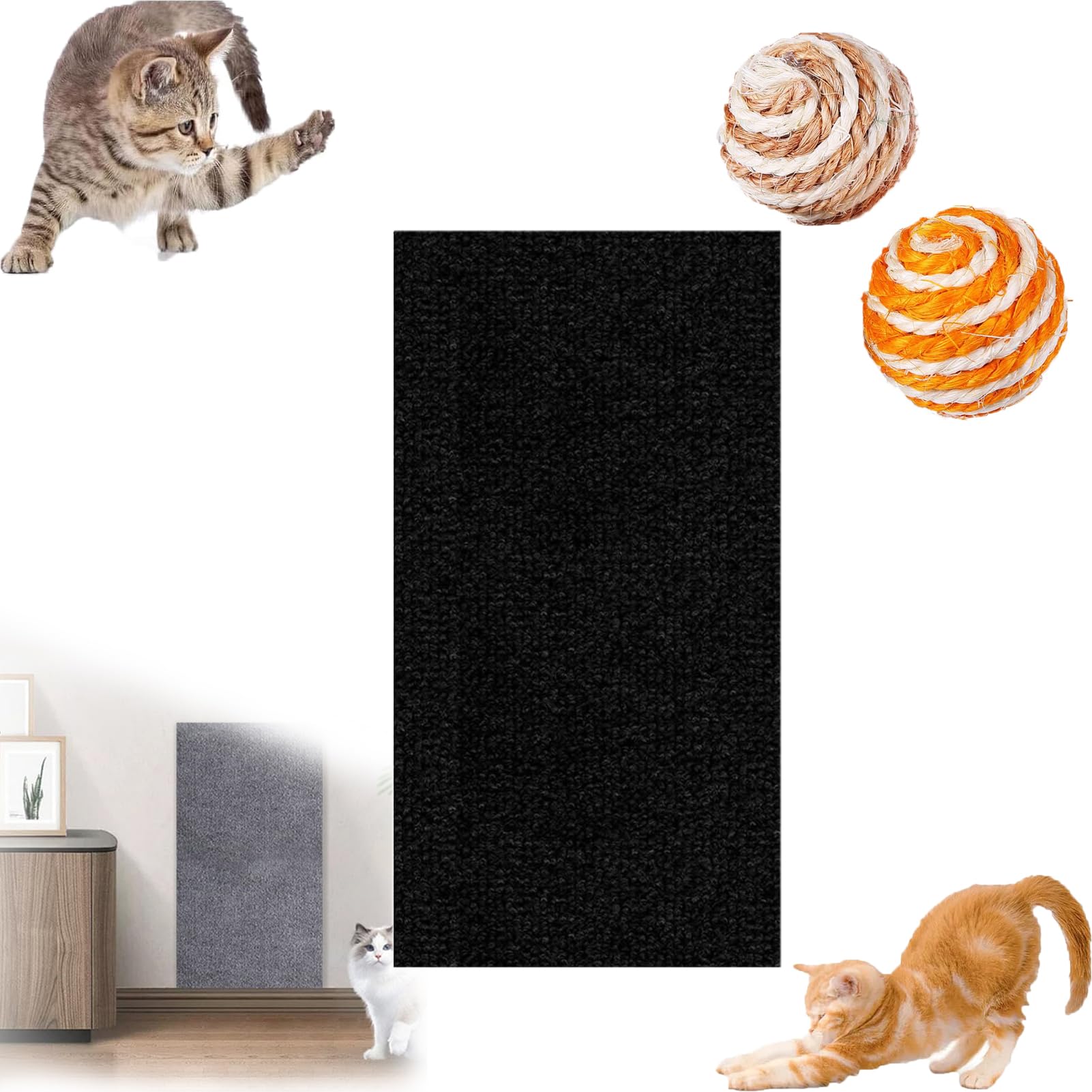 Asisumption Cat Scratching Mat - Can Protect Furniture, 39.4’’ X 11.8’’ Climbing Cat Scratcher, Cat Wall Scratcher, Trimmable Cat Scratching Carpet Self-Adhesive Mat (15.7 * 39.4in,black)