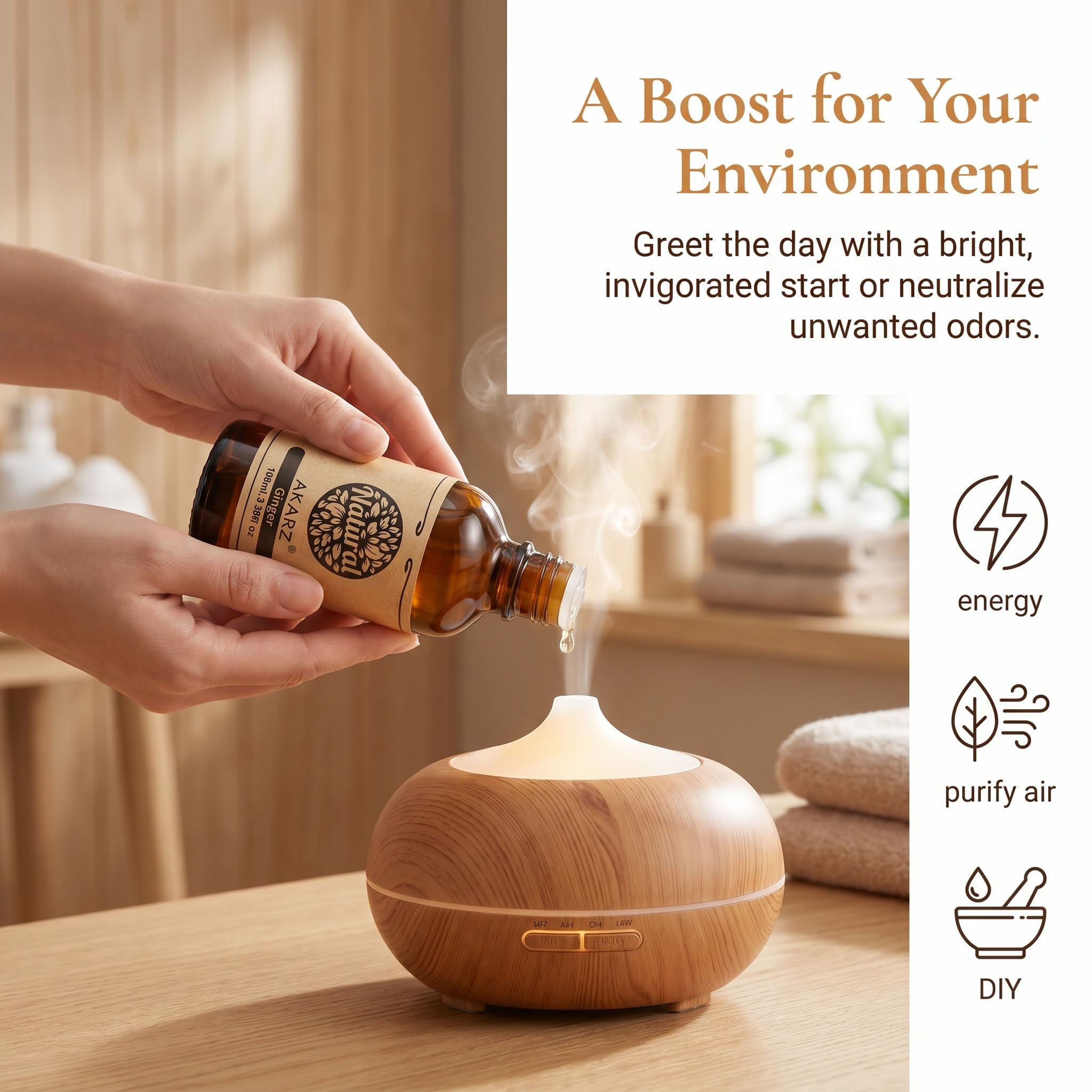 AKARZ 100ml Olejek esencjny z Imbiru - Naturalny olejek aromatyczny do dyfuzorów, lamp aromatycznych i aromatów pomieszczeń