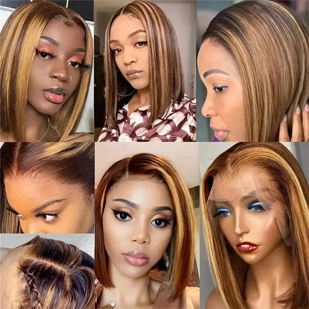 Wstępnie depilowane krótkie ludzkie włosy peruka dla kobiet, proste koronkowe peruki 13x4, miód blond ombré 10-16 cali nadaje się dla początkujących (30 cm)