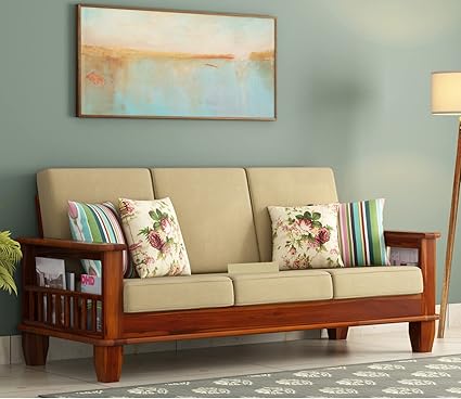 SDR Furniture Solid Sheesham Wood 3 Seater Sofa Set for Living Room Sofa with Side Pocket Storage for Home & Office (Natural Teak Finish Finish)