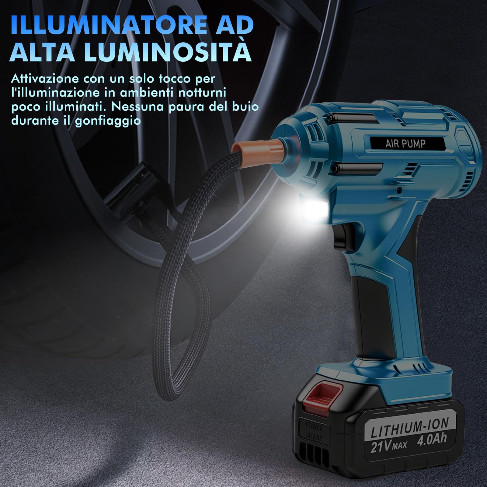 Pompa ad aria a batteria, 21 V, 150 PSI, pompa ad aria elettrica per auto, con batteria al litio e manometro, 800 W, pompa digitale per pneumatici portatile, per auto, moto, bicicletta, palloni