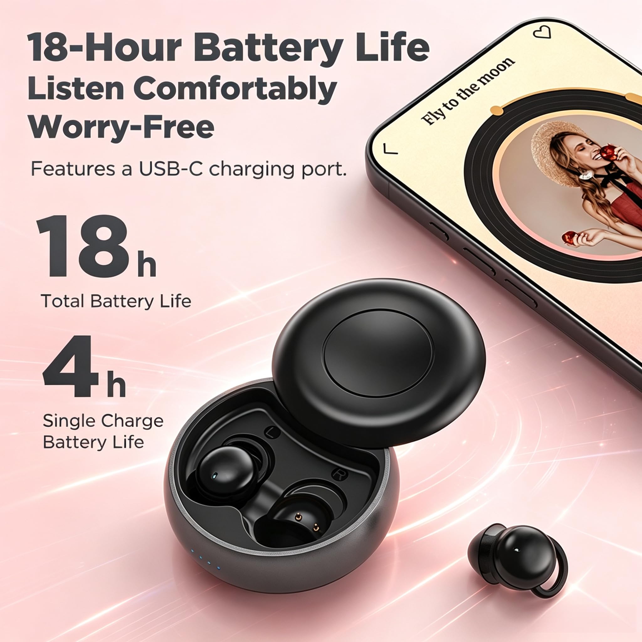 NE91 - Auriculares in-ear para dormir, mini auriculares Bluetooth inalámbricos para dormir de lado, auriculares ultraligeros de 2,4 g, cancelación de ruido de llamada adaptativa (negro)