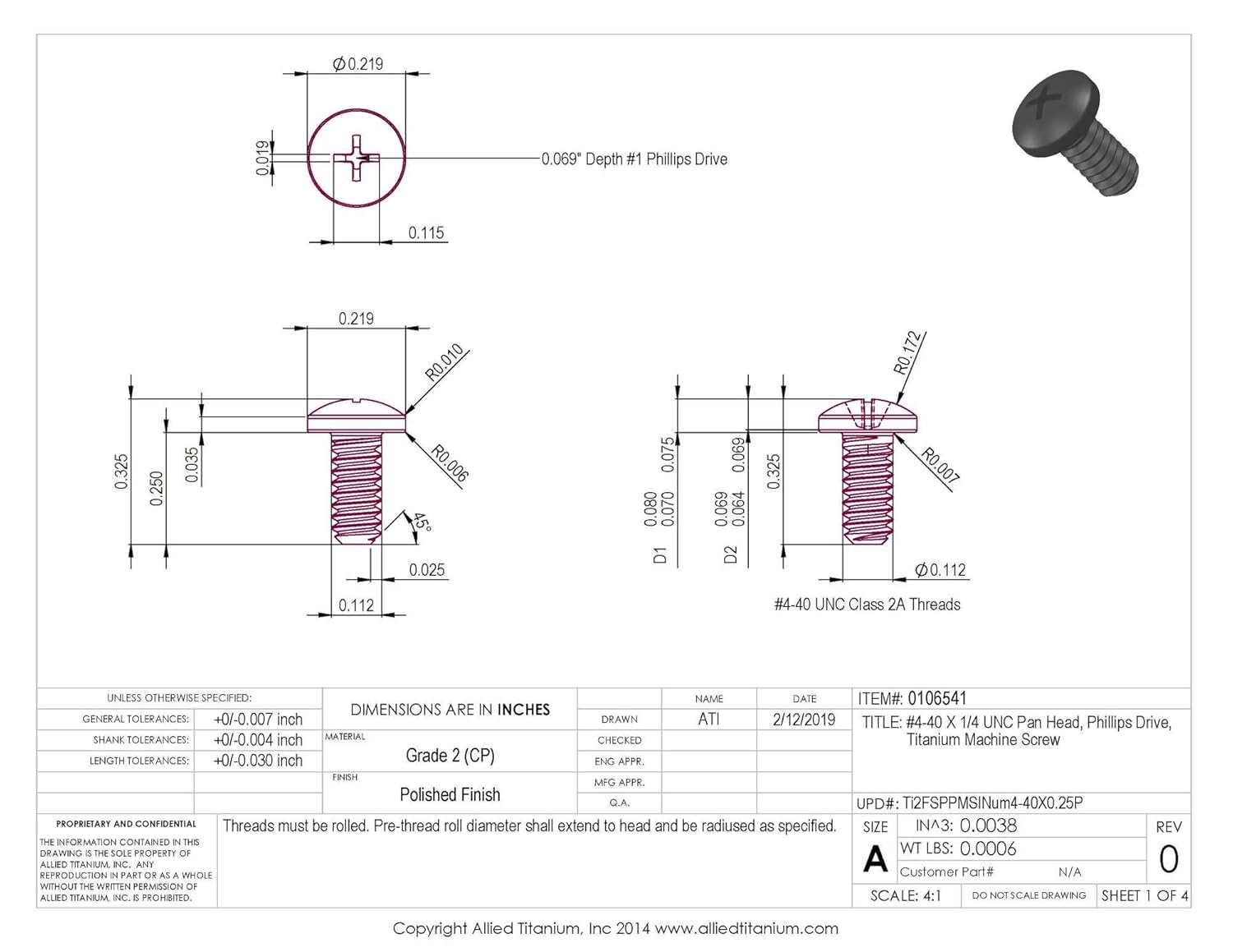 0106541, (Pack of 25) #4-40 X 1/4 UNC Pan Head, Phillips Drive, Machine Screw, Grade 2 (CP)