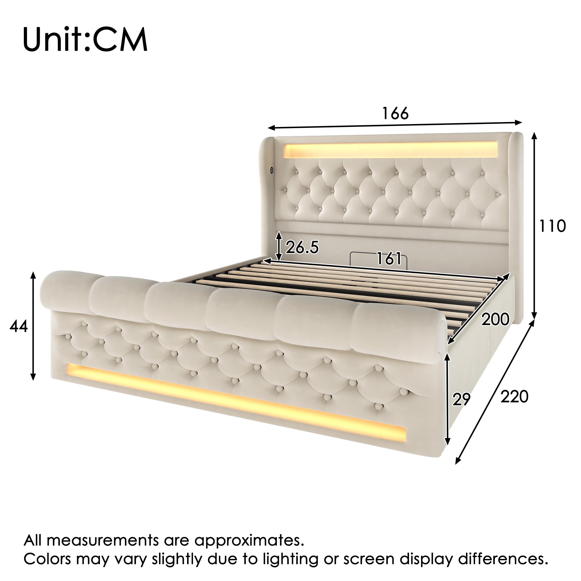 Letto Matrimoniale 160x200 con Sommier a doghe stabili e Struttura Letto divano trapuntato schienale sagomato contenitore a pistoni per la stanza della casa beige