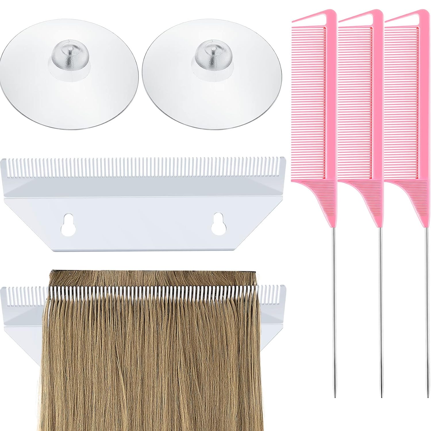 Hair Extension Holder and 3 Pieces Rat Tail Comb Acrylic Hair Strands Holder
