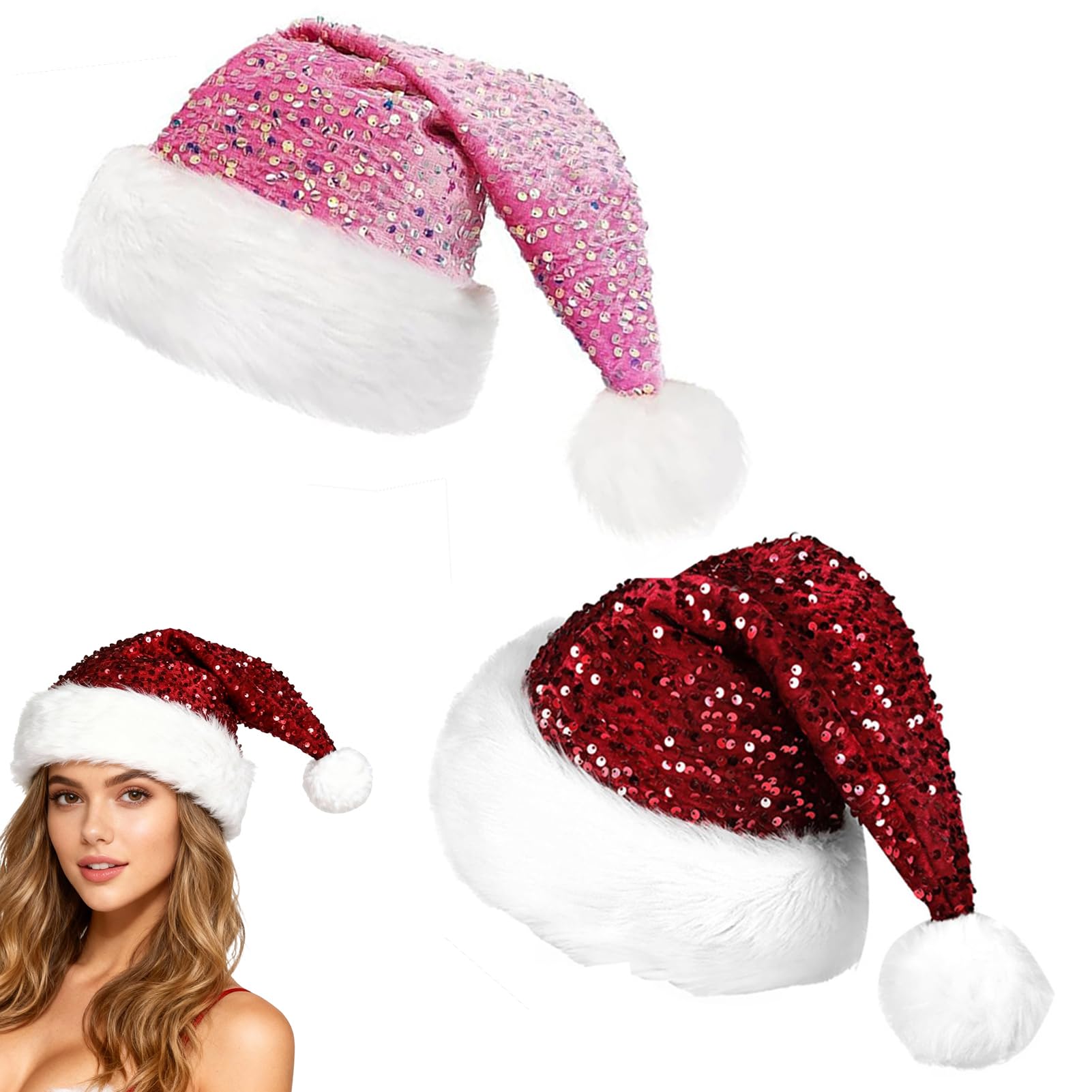 Meriviva 2 Pcs Christmas Hats for Adults Bling Sequin Santa Hats