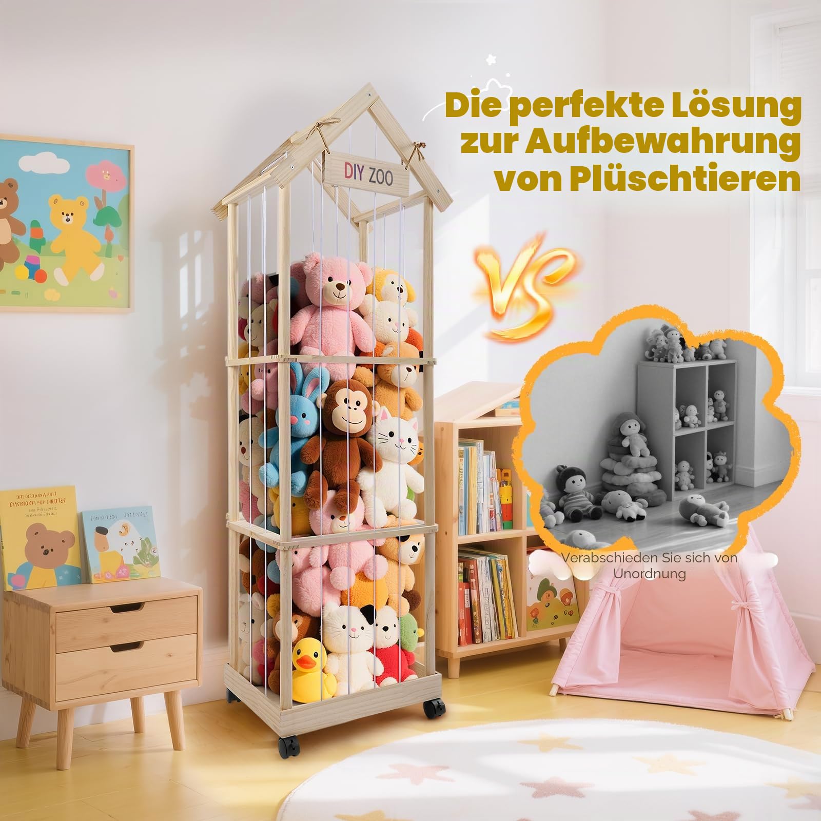 Kuscheltier Aufbewahrung 146x47x35CM, MINENICE Plüschtier Aufbewahrung aus Massivholz mit 360° Feststellbaren Lenkrollen für Babyzimmer, Wohnzimmer, Schlafzimmer, Kinderzimmermöbel