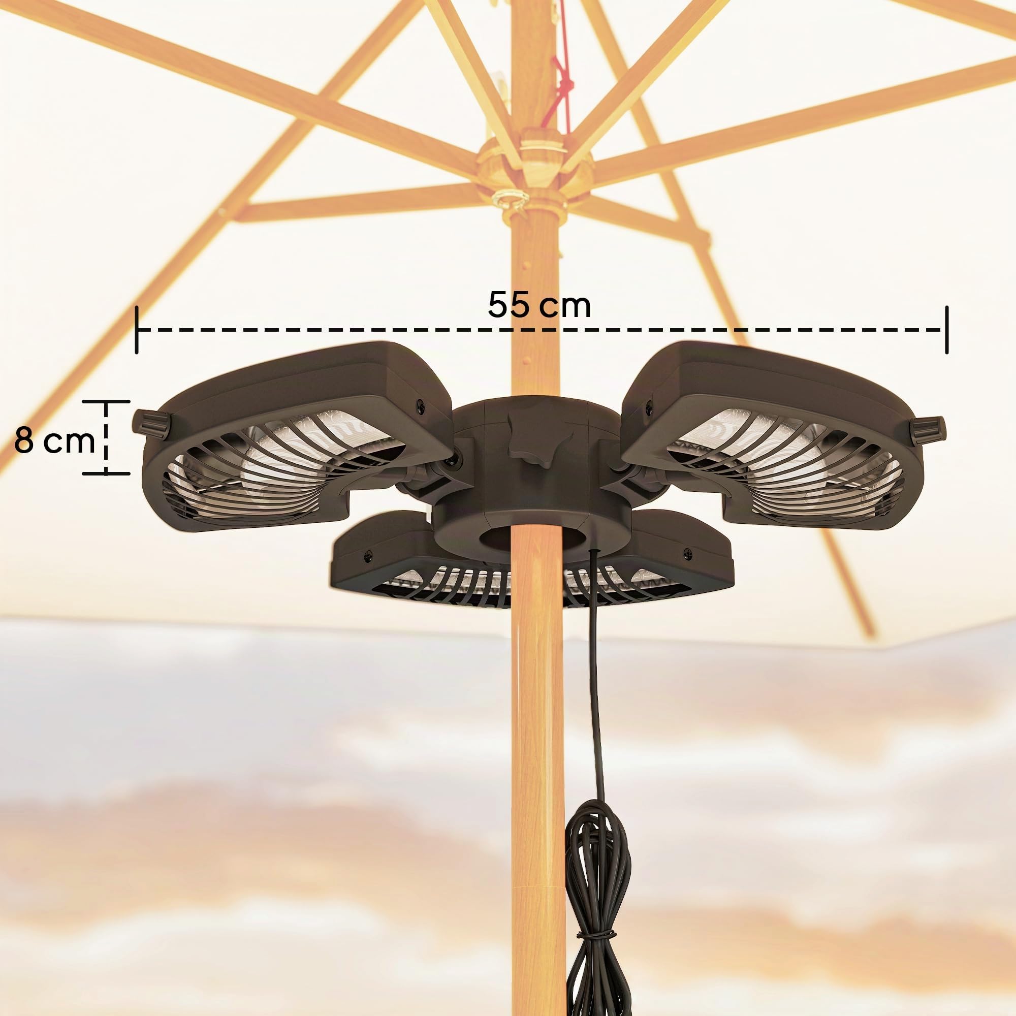 Outsunny Calefactor por Infrarrojos para Parasol 800/1600/2400W Negro | Estufa Exterior Eléctrica de Aluminio, 3 Niveles de Calentamiento, Protección Antivuelco, IP44, para Terraza Patio Jardín