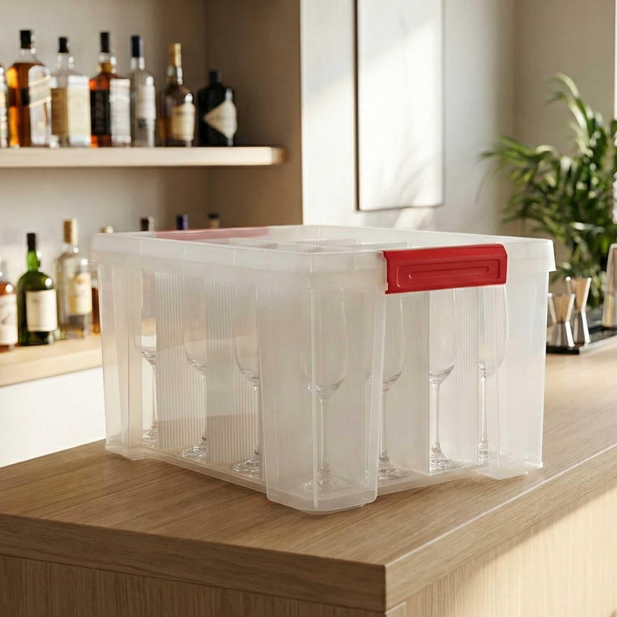SUNDIS Champ Store, 2er-set Aufbewahrungsboxen für Gläser mit Deckel | Robust, transparent, Fassungsvermögen 12 Gläser, max. Durchmesser 8 cm, max. Höhe 20,5 cm, mit clips, stapelbar