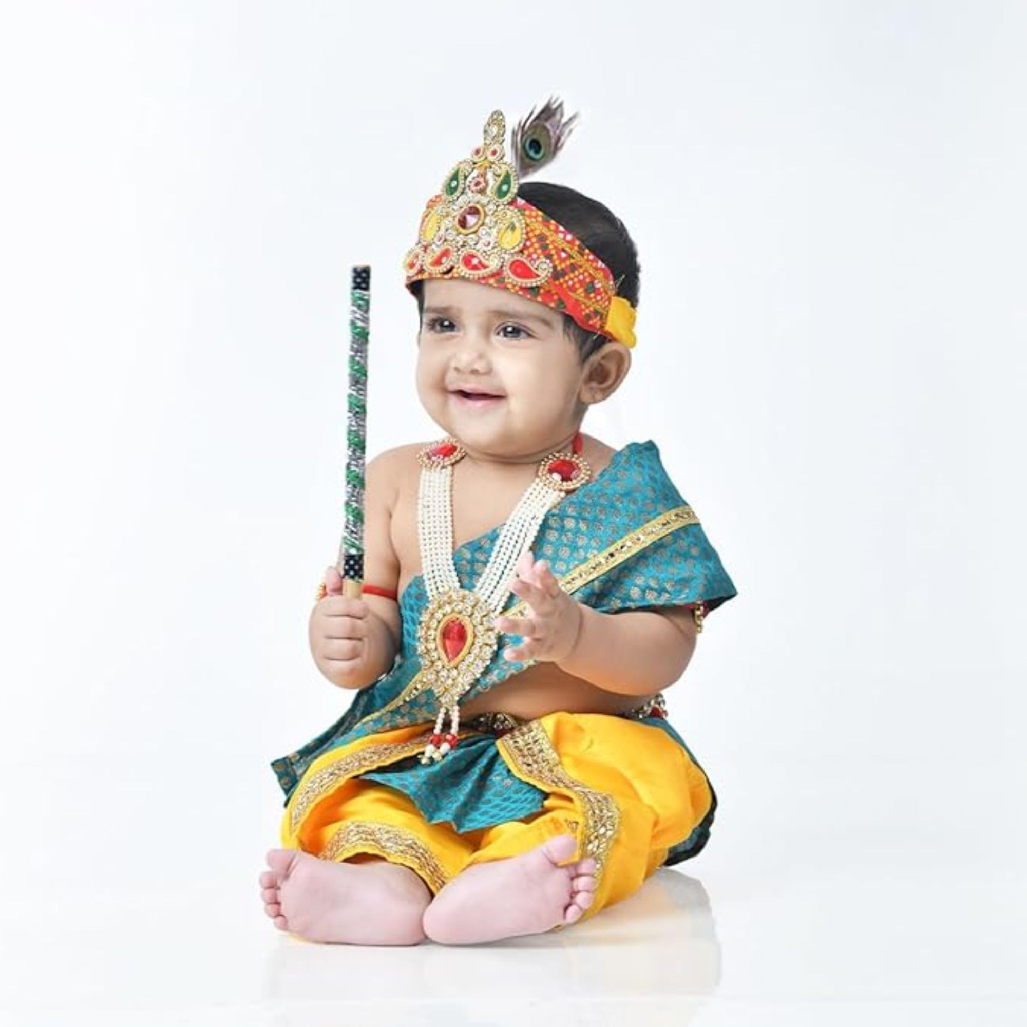 DESI ANDAAZ Krishna Dress for Kids – FancyDress for Boys & Girls | Bal Krishna with Mukut, Flute & Accessories (Set of 10)| Janmashtami - Image 5 thumbnail