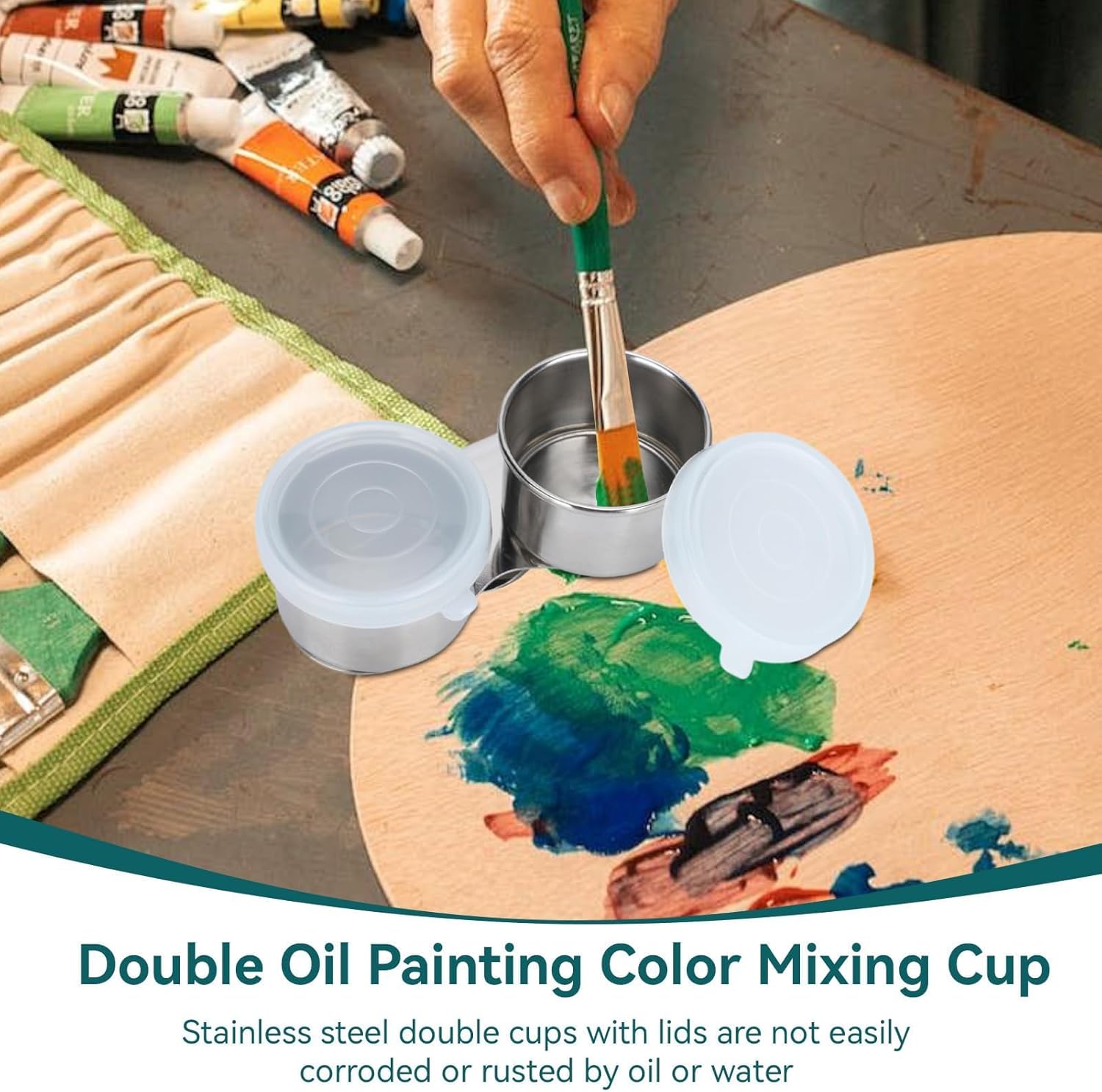 3Pcs Palette Cup, Double Dipper Palette Cup with Lid and Clip Stainless Steel Turpentine Solvent Container for Painting