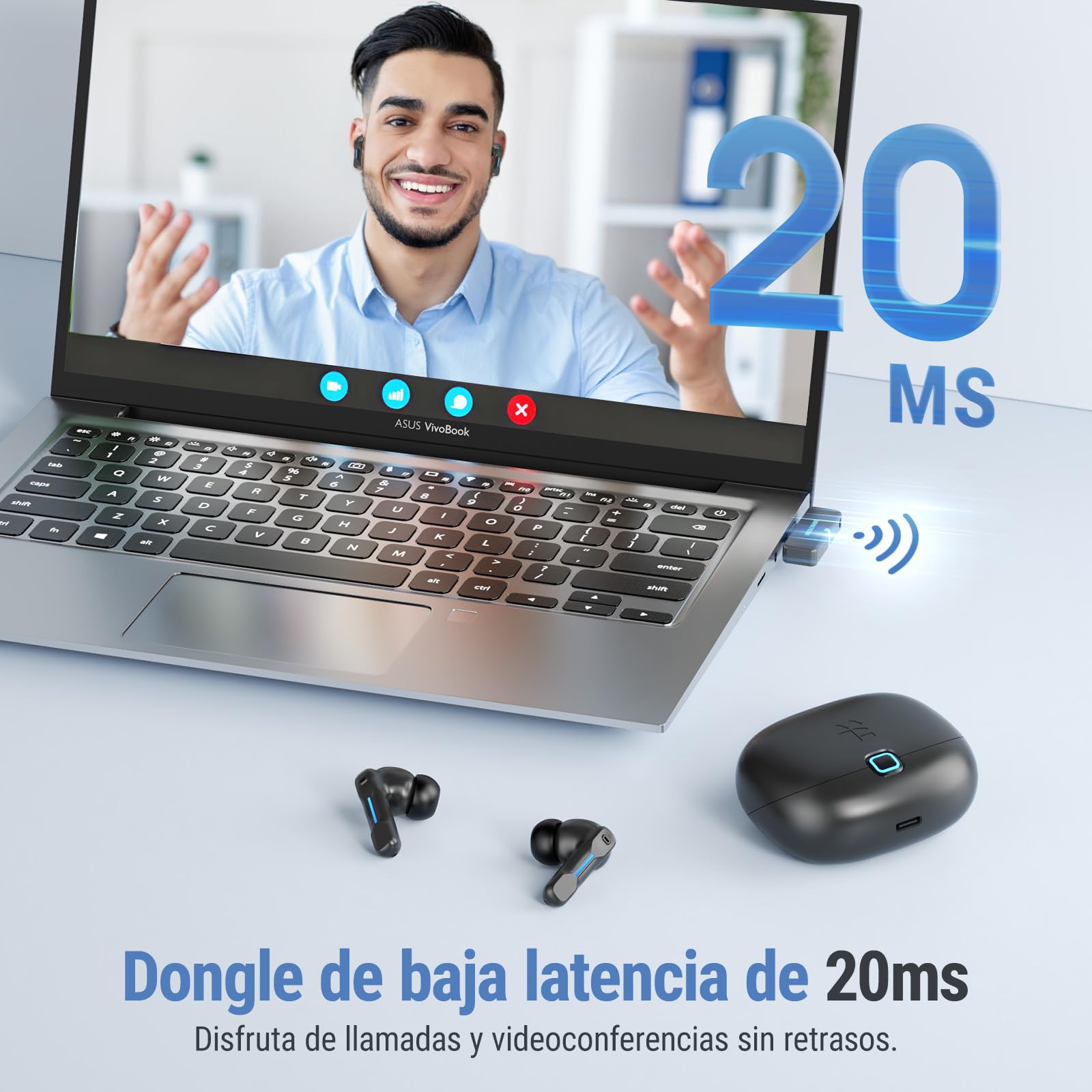 SW5 Auriculares inalámbricos para teléfono,móvil,PC,ordenador portátil, sobremesa,IPX4 Auriculares intrauditivos 2,4G dongle 20ms baja latencia,Cascos micrófono 5.4 Bluetooth para oficina,conferencia