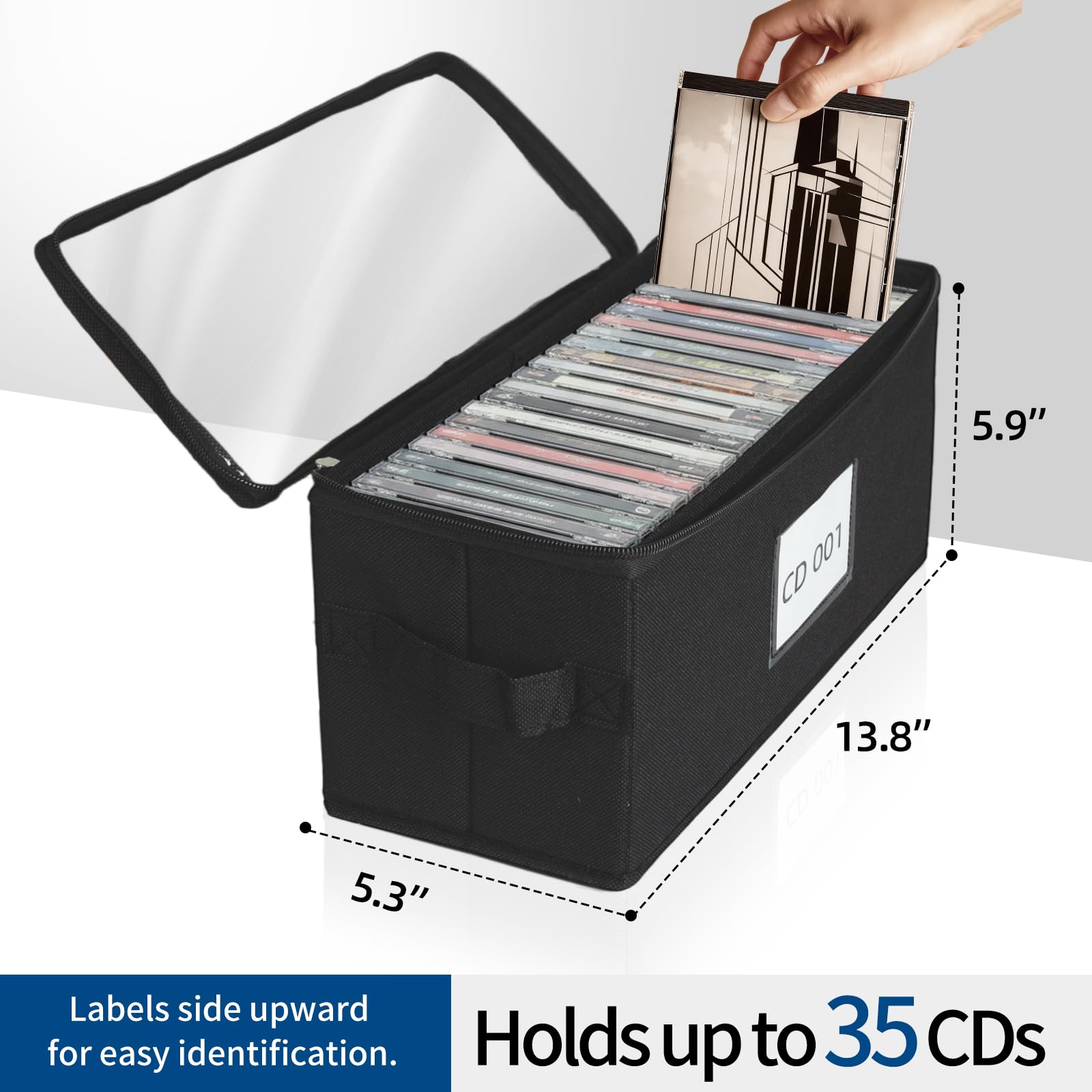 Confezione da 8 contenitori per CD in tessuto con coperchio in PVC trasparente, contiene 35 custodie standard per CD, chiusura a cerniera per protezione dalla polvere, organizer