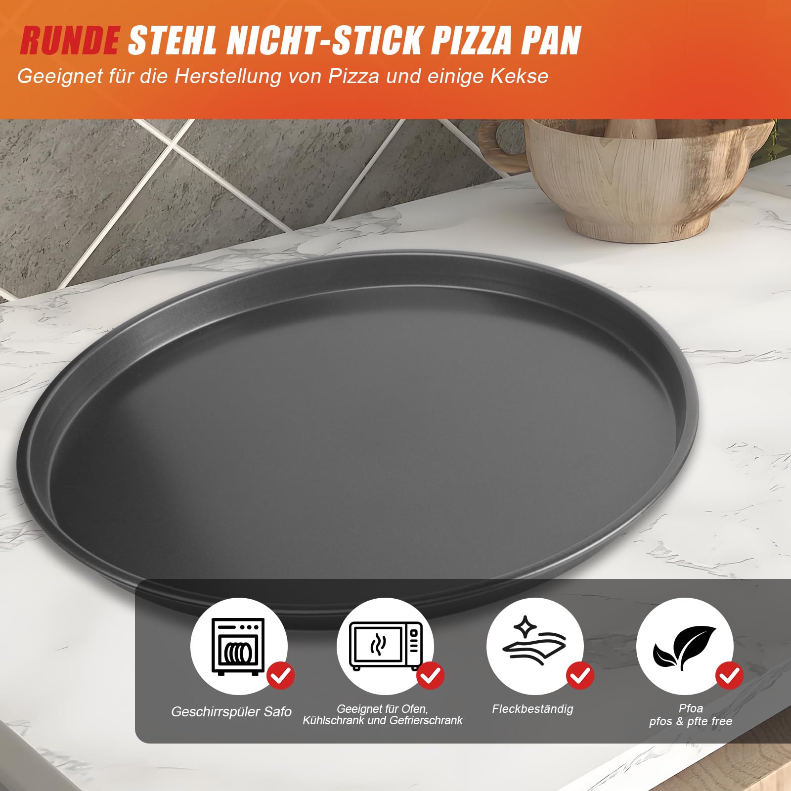 4 Stück Pizza Backblech Set, Pizzablech Rund ø 28 cm, Schwarzes Pizza Blech, Hitzebeständig für Pizzaofen & Backofen bis 230 Grad, Runde Pizzaform