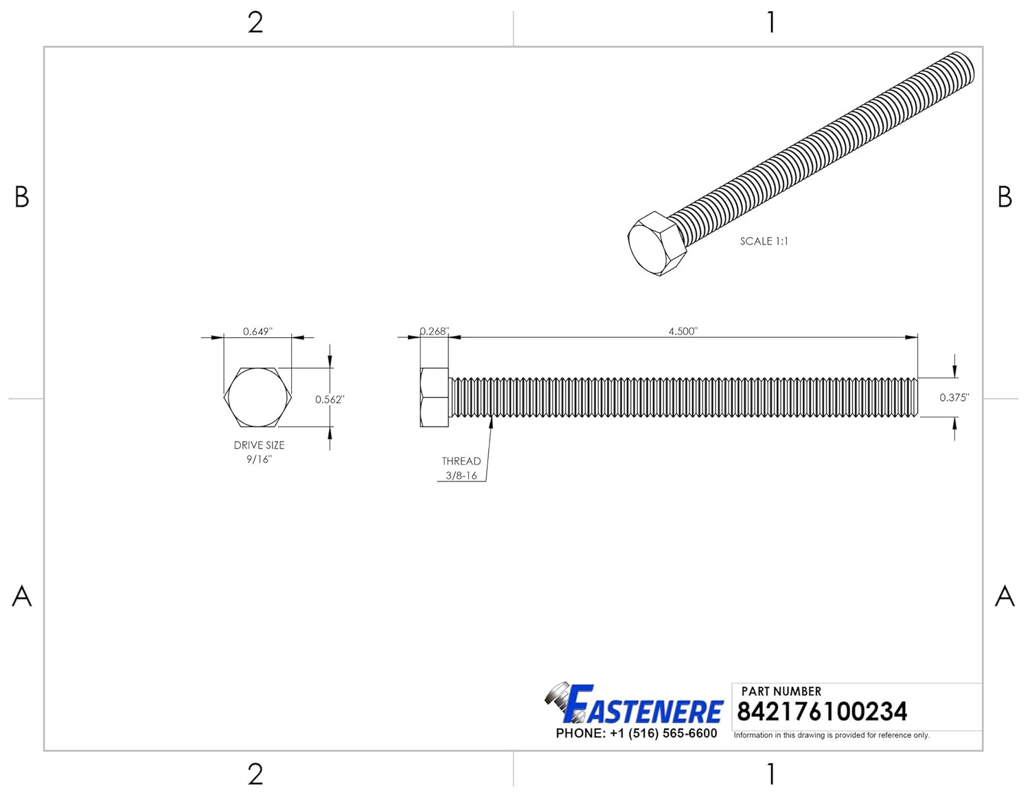3/8-16 x 4-1/2" Hex Head Cap Screw Bolts, Stainless Steel 18-8, Full Thread, Plain Finish, Flat Point, Quantity 25 by Fastenere