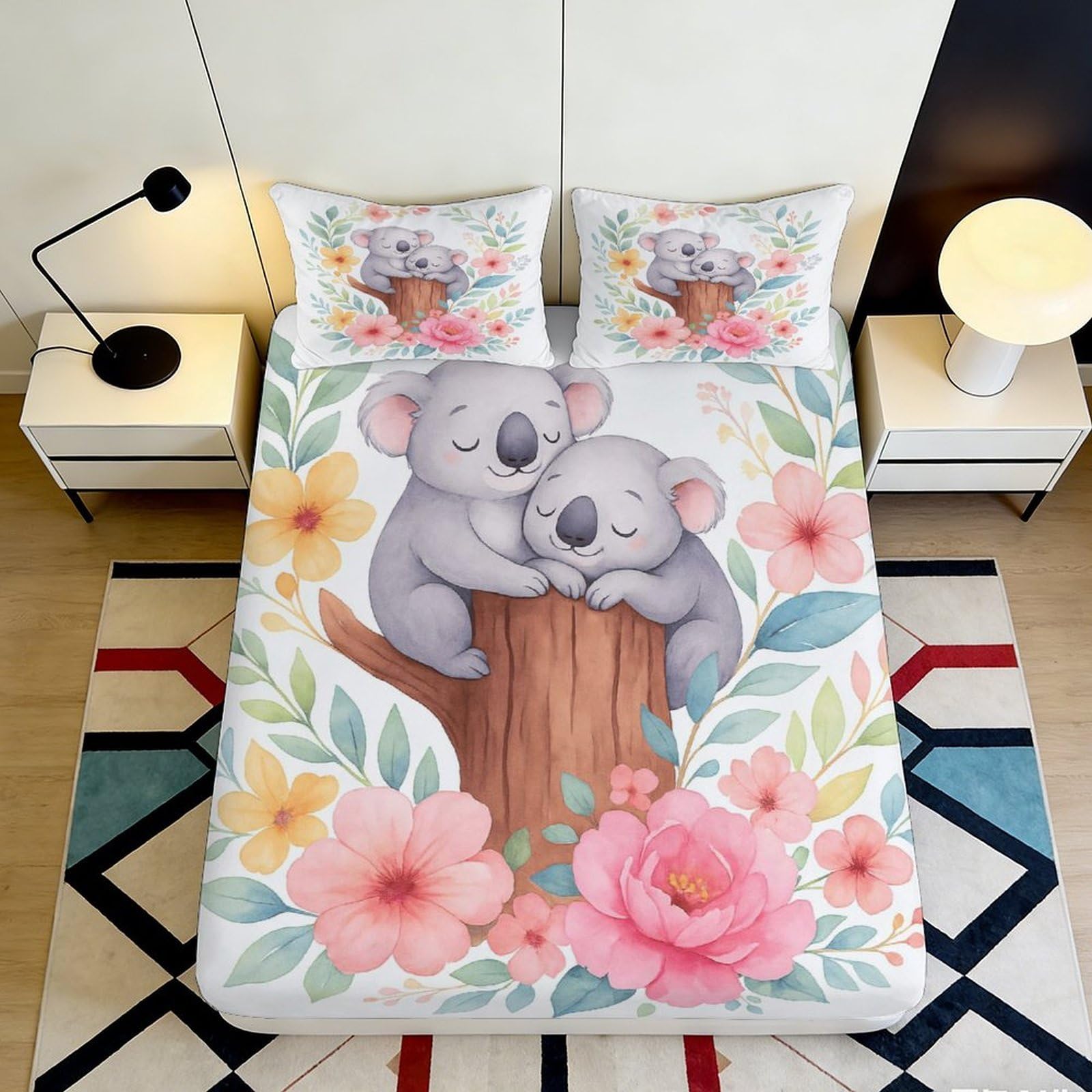 3D Printed Koala Tree Fitted Sheet Microfiber Soft Floral Mattress Cover for Bedroom Guest Room Decor Dustproof Easy Care 90x200x25cm