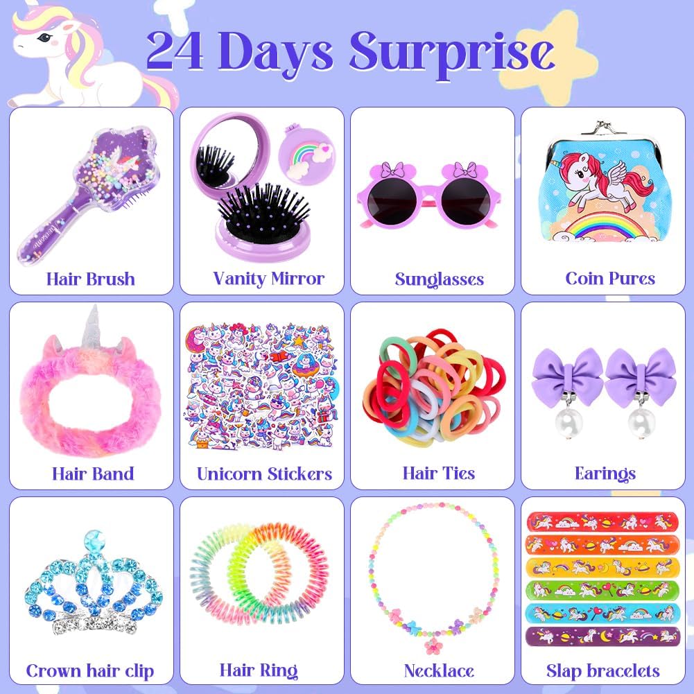 Advent Calendar 2025 Girls,24 Days Surprise Christmas Unicorn Gift Box Christmas Countdown Calendar, Including Hair Accessories, Jewelry, Glasses, Bracelets, Stickers,Coin Purse - Image 2