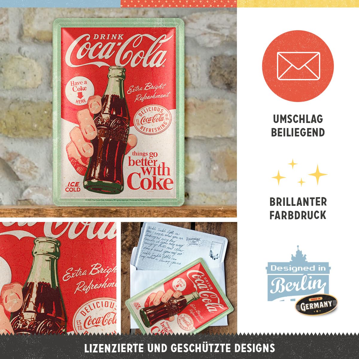 Nostalgic-Art Blaszana pocztówka retro, 10 x 14 cm, Coca-Cola - Better with Coke - pomysł na prezent dla fanów coli, oryginalny licencjonowany produkt (OLP), metalowa pocztówka, mini blaszany znak