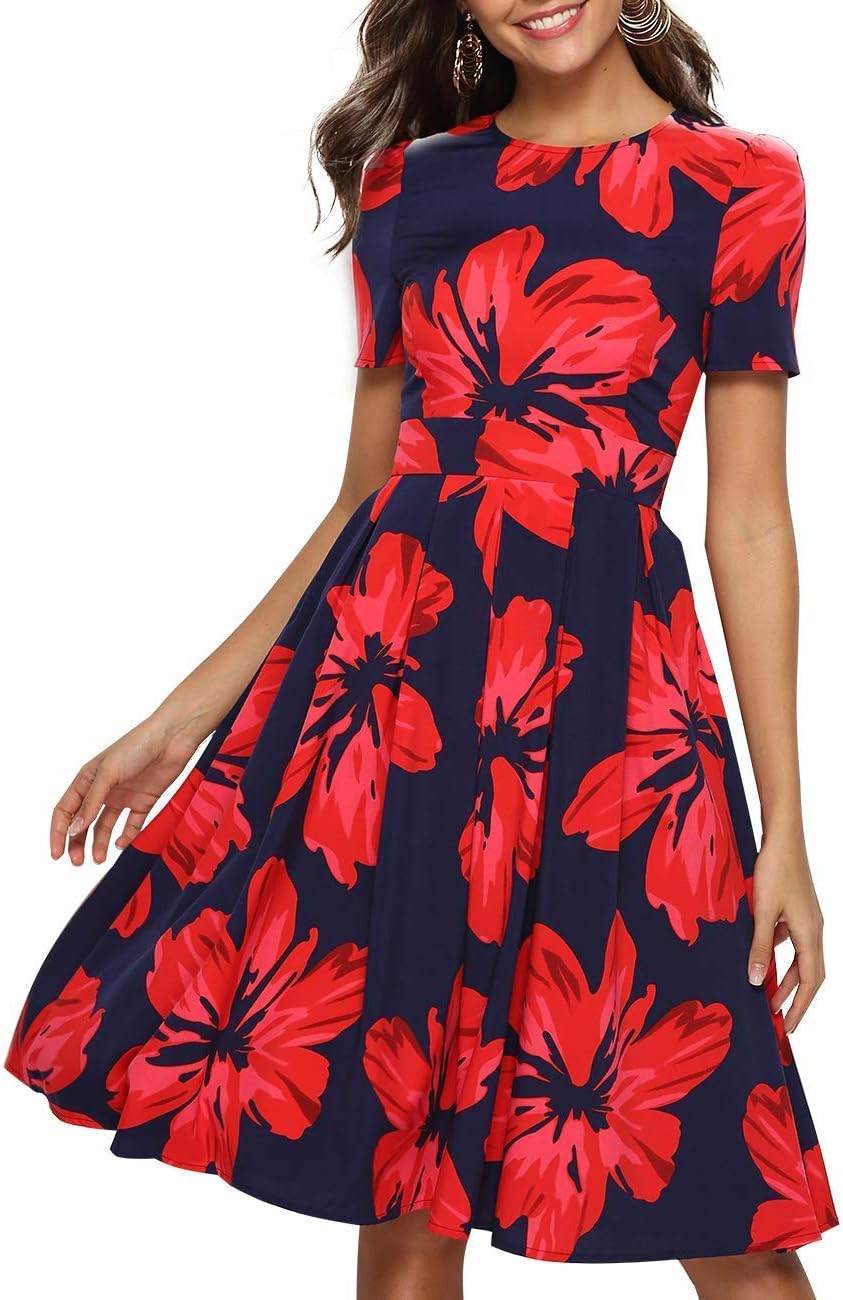JOJJJOJ Women's Floral Cocktail Vintage Midi Evening Dress 3/4 Sleeves,S,0002red