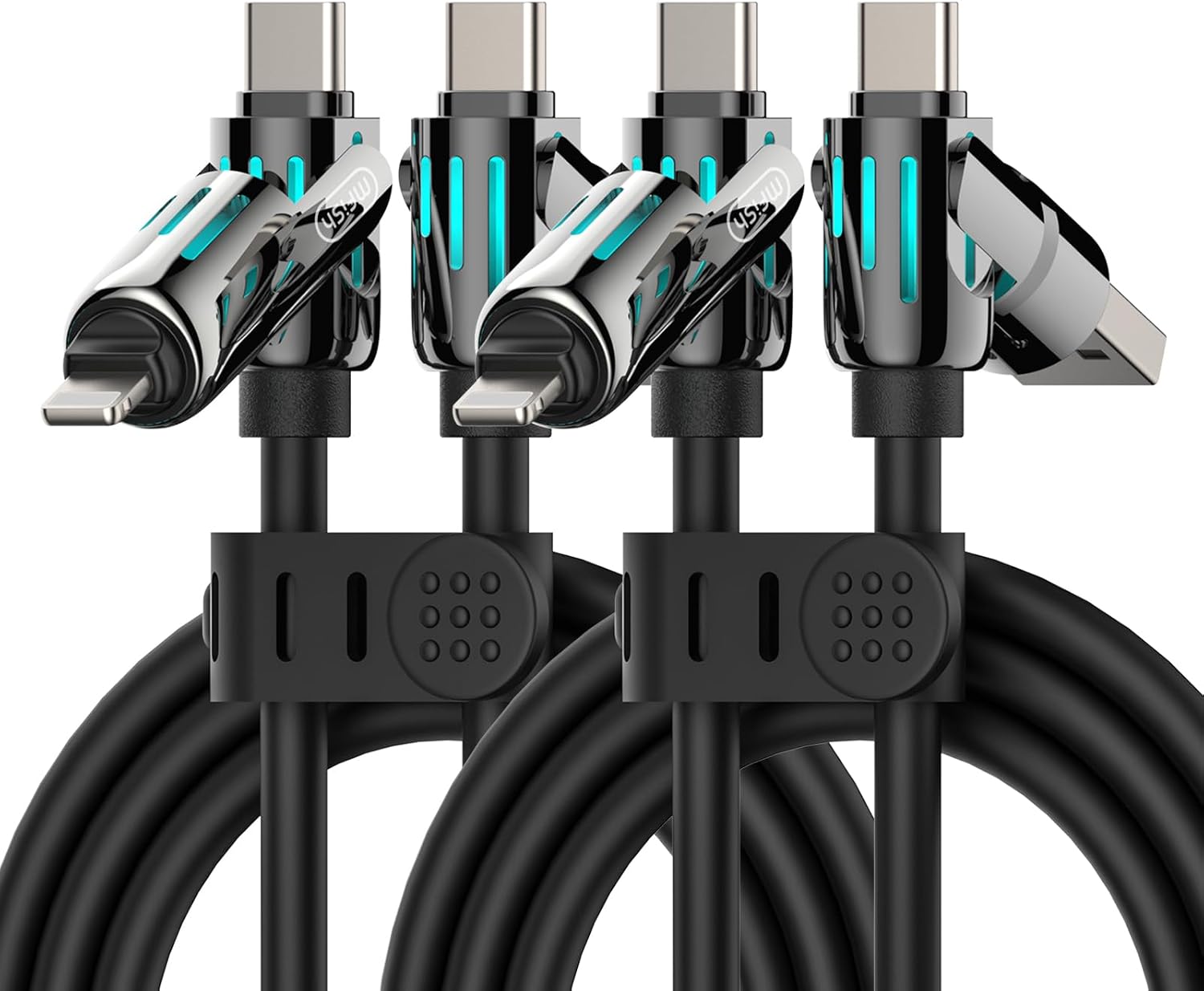 MFish 2-Pack 240W 4-in-1 Multi Charging Cable with Carrying Case, 6.6FT Fast Charge USB-A & USB-C to USB-C/Lightning, for iPhone 17/16/15/14, MacBook, iPad, Samsung S25/S24 (Black+Black)