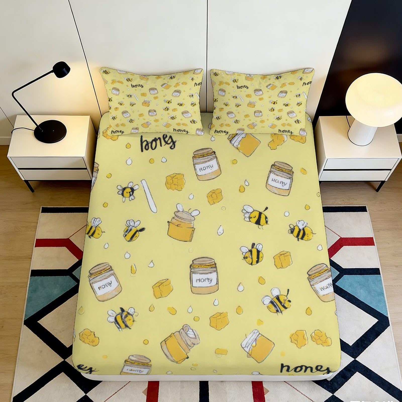 Pnayamiorkfel Style-4 3D Printed Honey Bee Fitted Sheet Microfiber Yellow Cartoon Mattress Cover Bedroom Dorm Decorative Easy Care 90X200x25cm