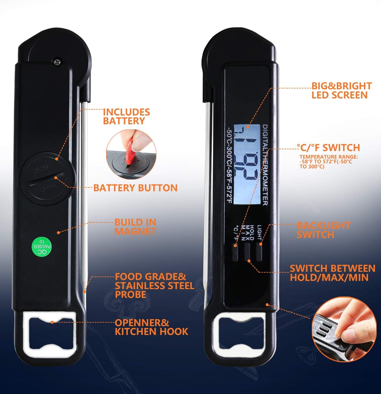 review Waterproof Digital Instant Read Meat Thermometer for Cooking,Fast & Precise Digital Food Thermometer with Backlight, Magnet, Calibration, and Foldable Probe for Kitchen, Outdoor Grilling, Beef and BBQ