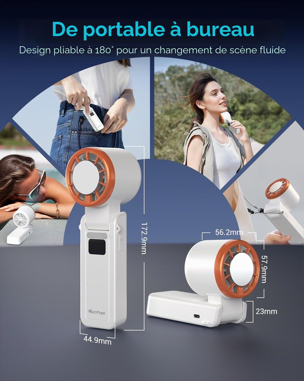 Marchpower Mini Ventilateur de Poche Silencieux Pliable 3600mAh Blanc | Batterie 3600mAh rechargeable, 120 vitesses, Silencieux, Pliable, Format compact de poche