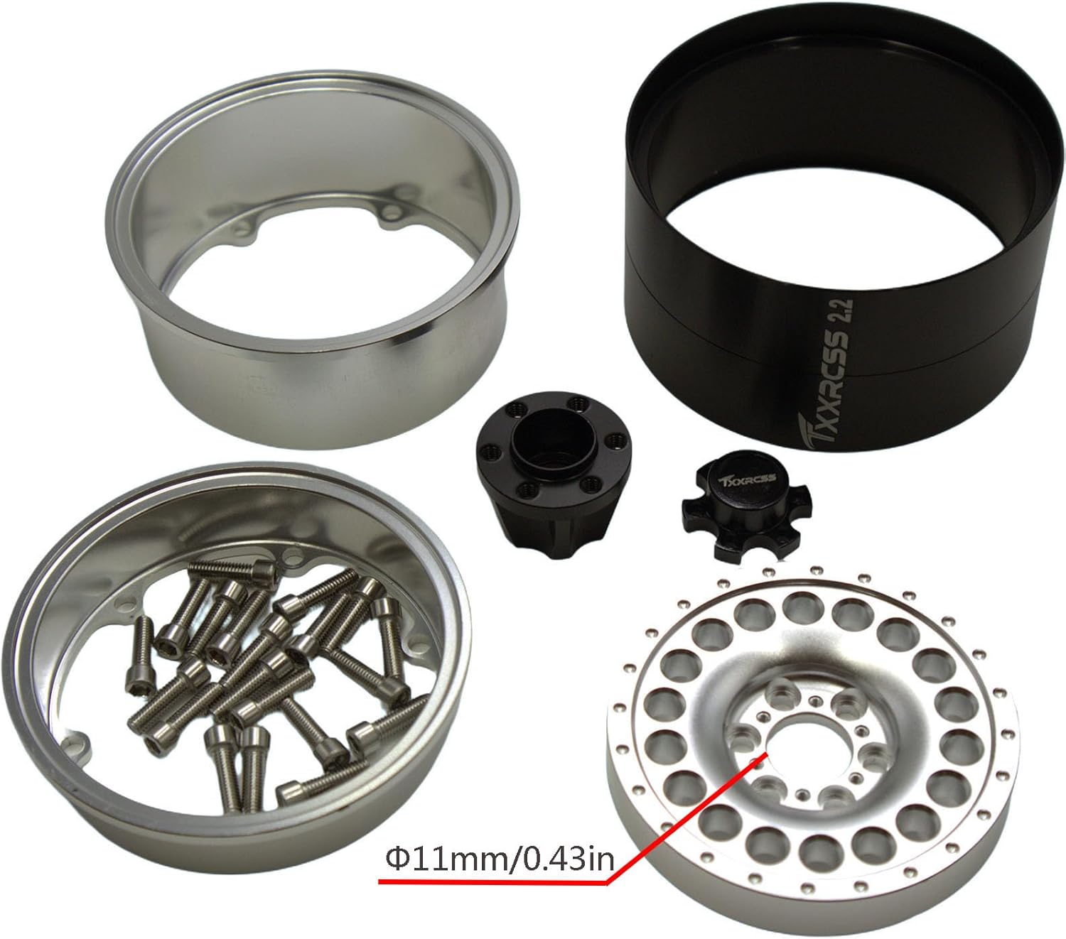 Adjustable 2 Offsets RC 2.2 Beadlock Wheels Rims Hub 1/10 Crawle Car Wheel Aluminum Upgrades for Remote Control SCX10 Capra Wraith/AMG 6x6RC Trx4 (4PC) (Silver)