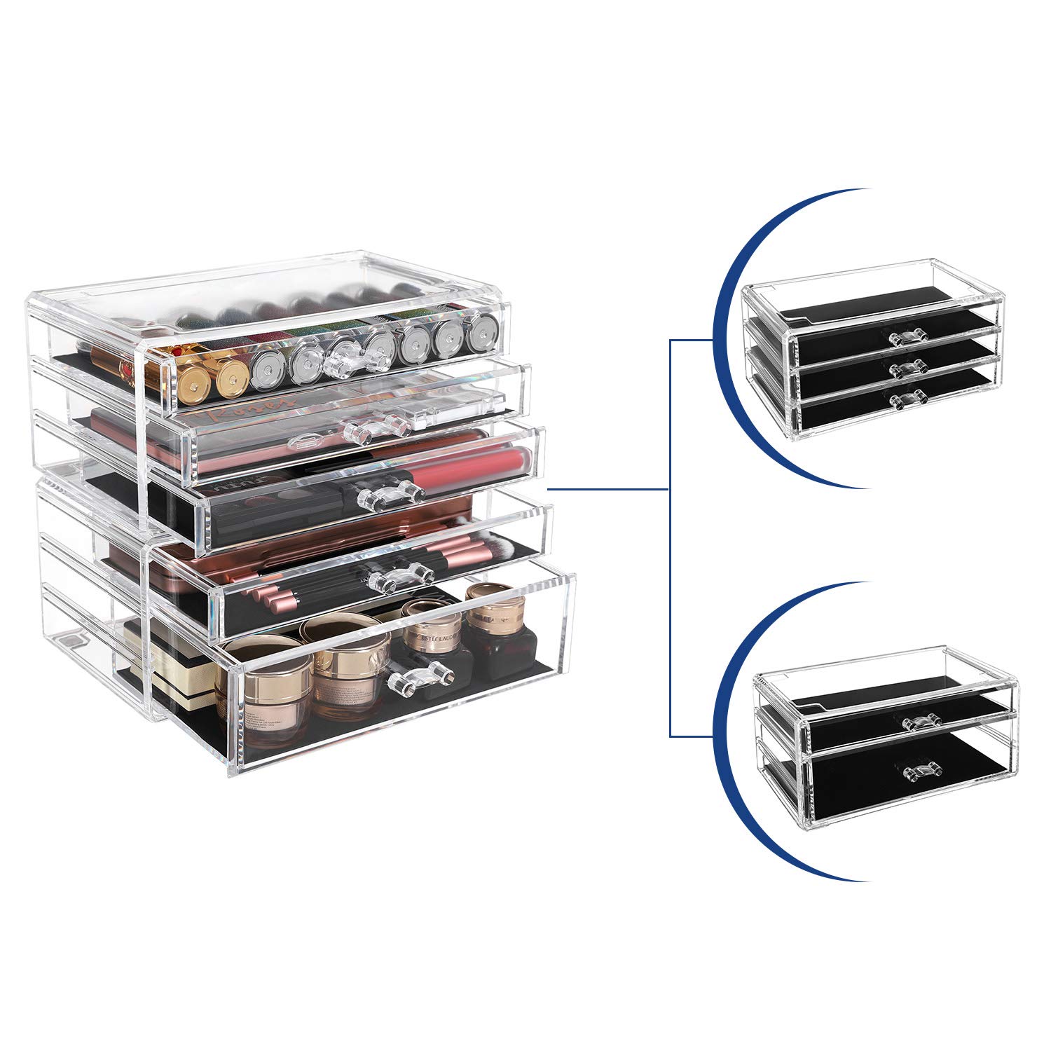SONGMICS Organizer Trucchi, Armadietto per Gioielli e Cosmetici a 2 Contenitori Impilabile, con 5 Cassetti, Polistirene Trasparente JMU32TP