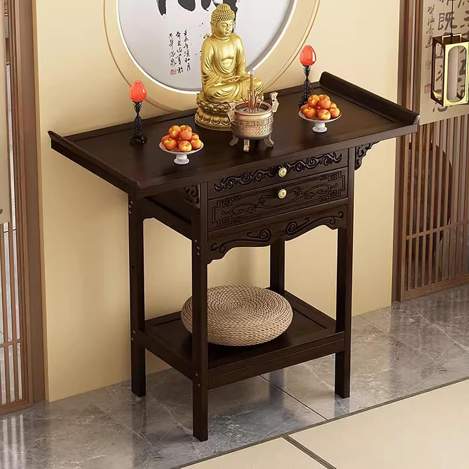 Buddha Altar Table,Guanyin & Guangong Display Pedestal,Altar Table with Storage,for Pooja and Incense Tribute,for Living Room, Bedroom.(47.2X13.0X39.4in)