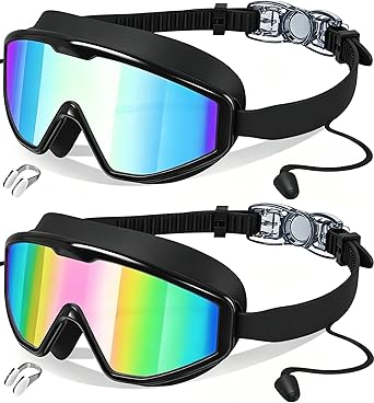 Kids Swim Goggles Wide View Anti-Fog UV Protection No Leak, Swim Mask with Nose Clip Earplugs Pool Beach Essentials