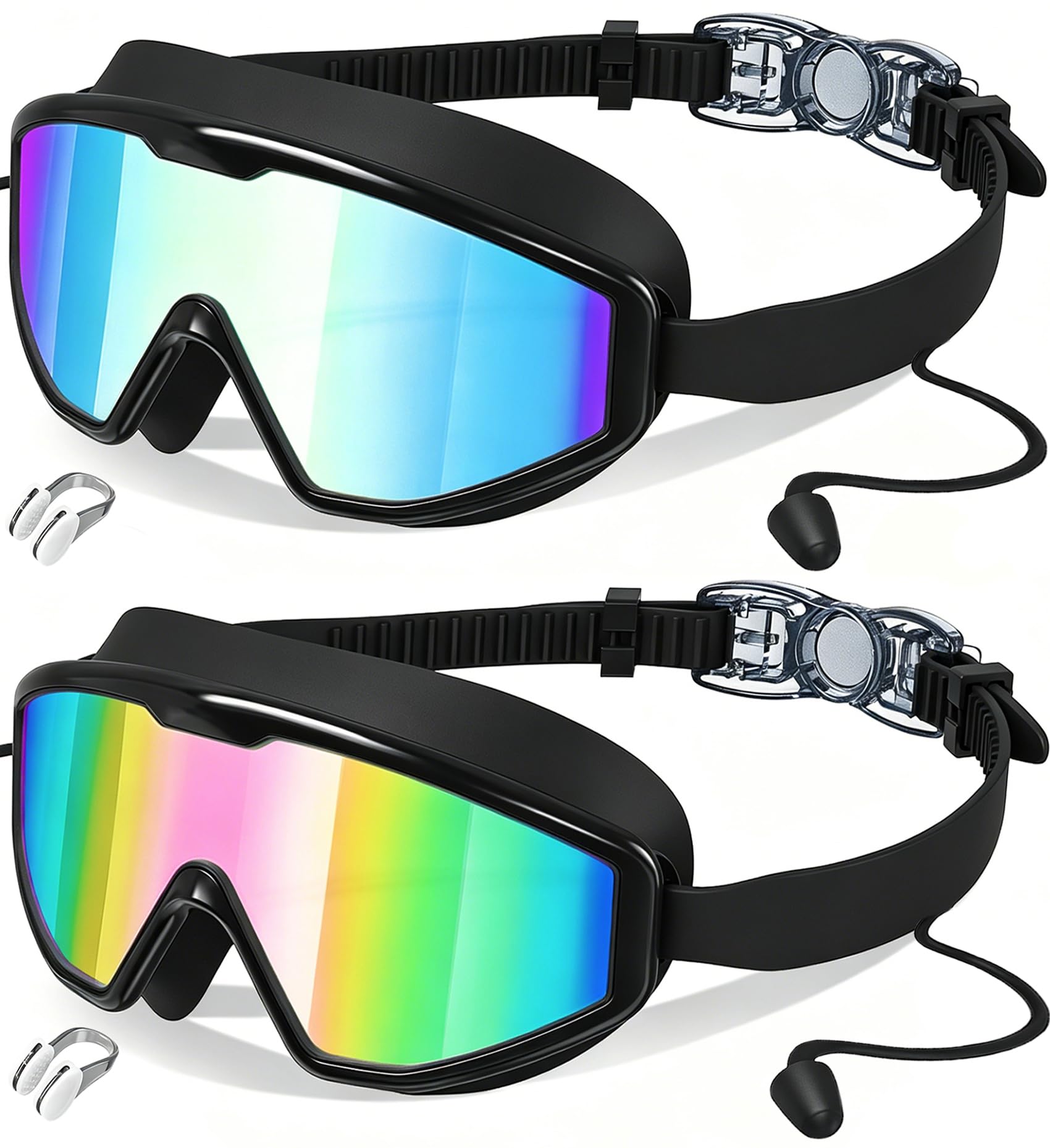 Schwimmbrille für Kinder von 6–14 Jahren, Schwimmbrille mit Ohrstöpseln, Nasenklammer, Anti-Beschlag-UV-Schutz, Weitsicht, großer Rahmen, Pool, Wasser, Kinderbrille für Jungen, Mädchen