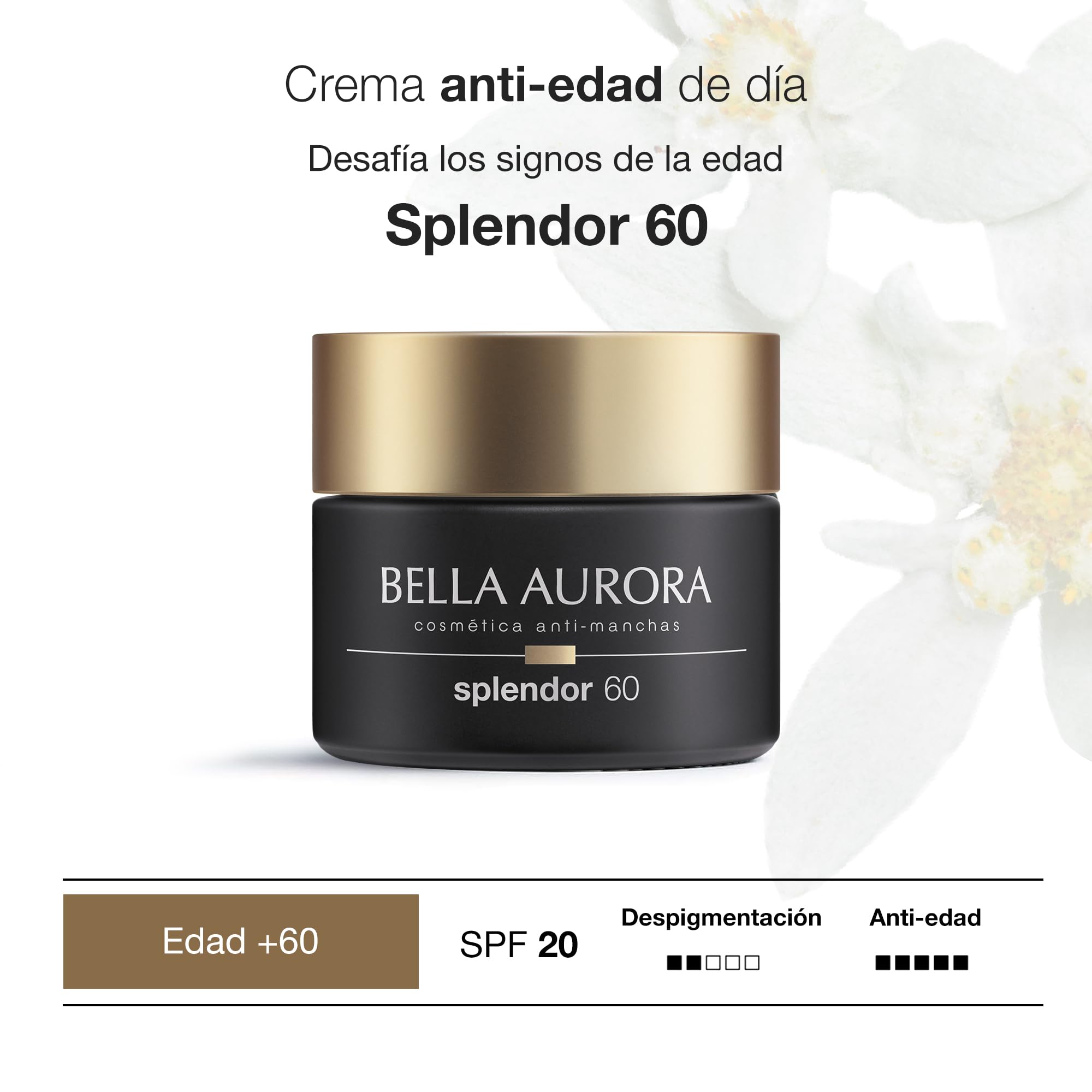 Bella Aurora Crema Facial de Día Anti-Edad 60+ Años SPF 20, 50 ml Anti-manchas, Anti-Arrugas y Despigmentante | Efecto Lifting | Ácido Hialurónico | SPLENDOR 60