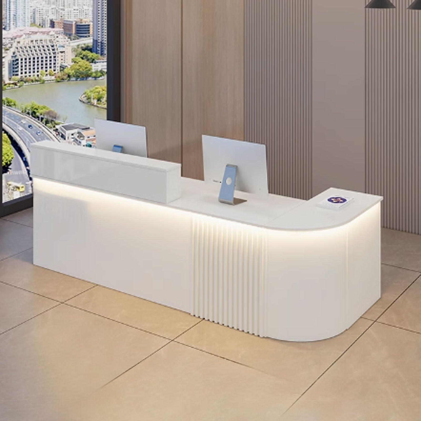 Generico Bancone Reception Moderno per Salone di Bellezza con Spazio di archiviazione, Elegante bancone Reception con Strisce Luminose a LED per saloni di Bellezza e spazi Commerciali, Bianco, 140x60