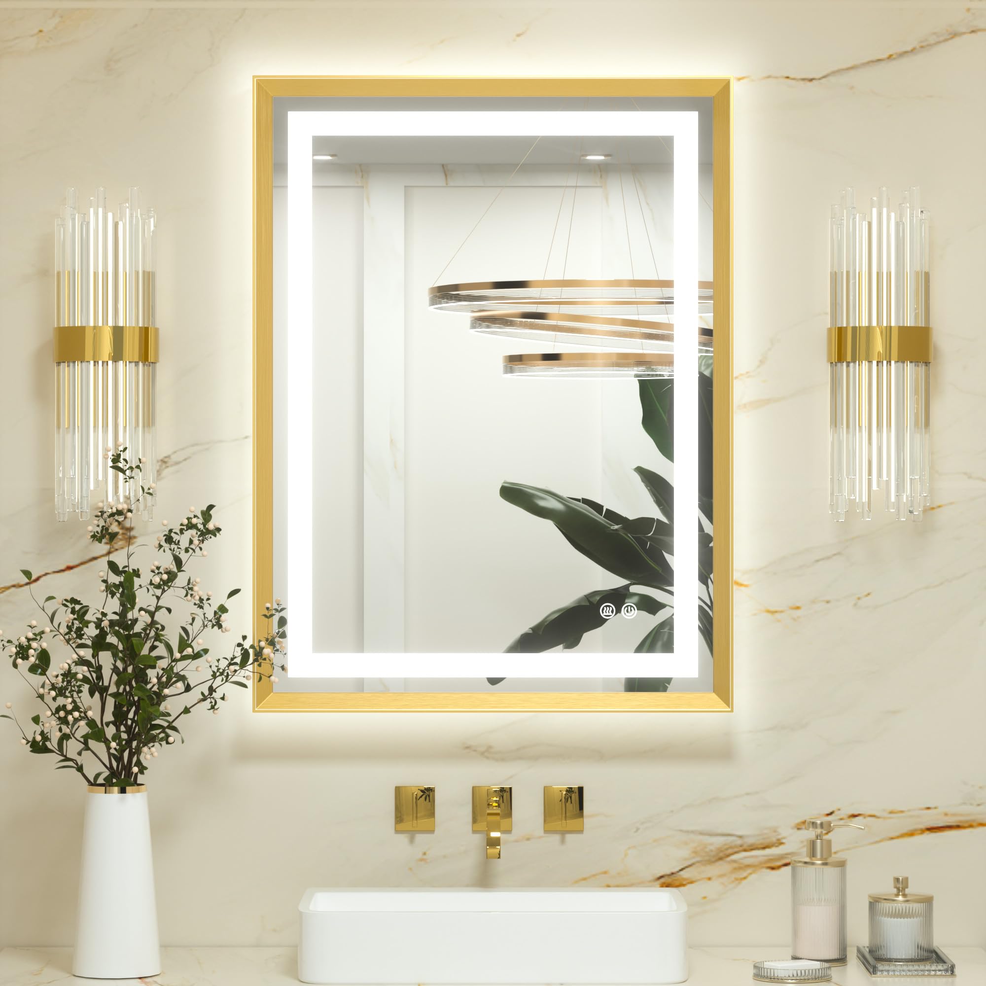 Keonjinn Gold Bathroom Mirror with Led Lights 60x80cm, Antifog Vanity Mirror Gold Frame Back and Front Lit 3 Colour Dimmable Illuminated Wall Mounted Rectangle Digital Mirrors