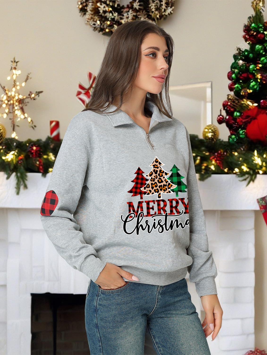 Glimnerize Christmas Womens Tops Sweatshirt Christmas Jumper Gnome Funny Graphic 1/4 Zip Standing Collar Hoodie Grey-A3 XXL - Image 3