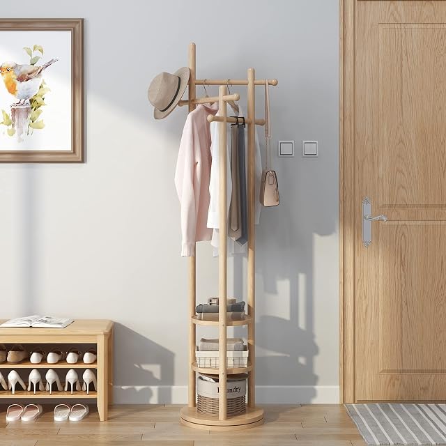 KungFuWood Coat Stand Freestanding, Rotary Wood Clothes Rack with 3 Storage Shelves, Sturdy and Easy Assembly Coat Rack for Entryway, Hallway, Bedroom and Office(wood colour)