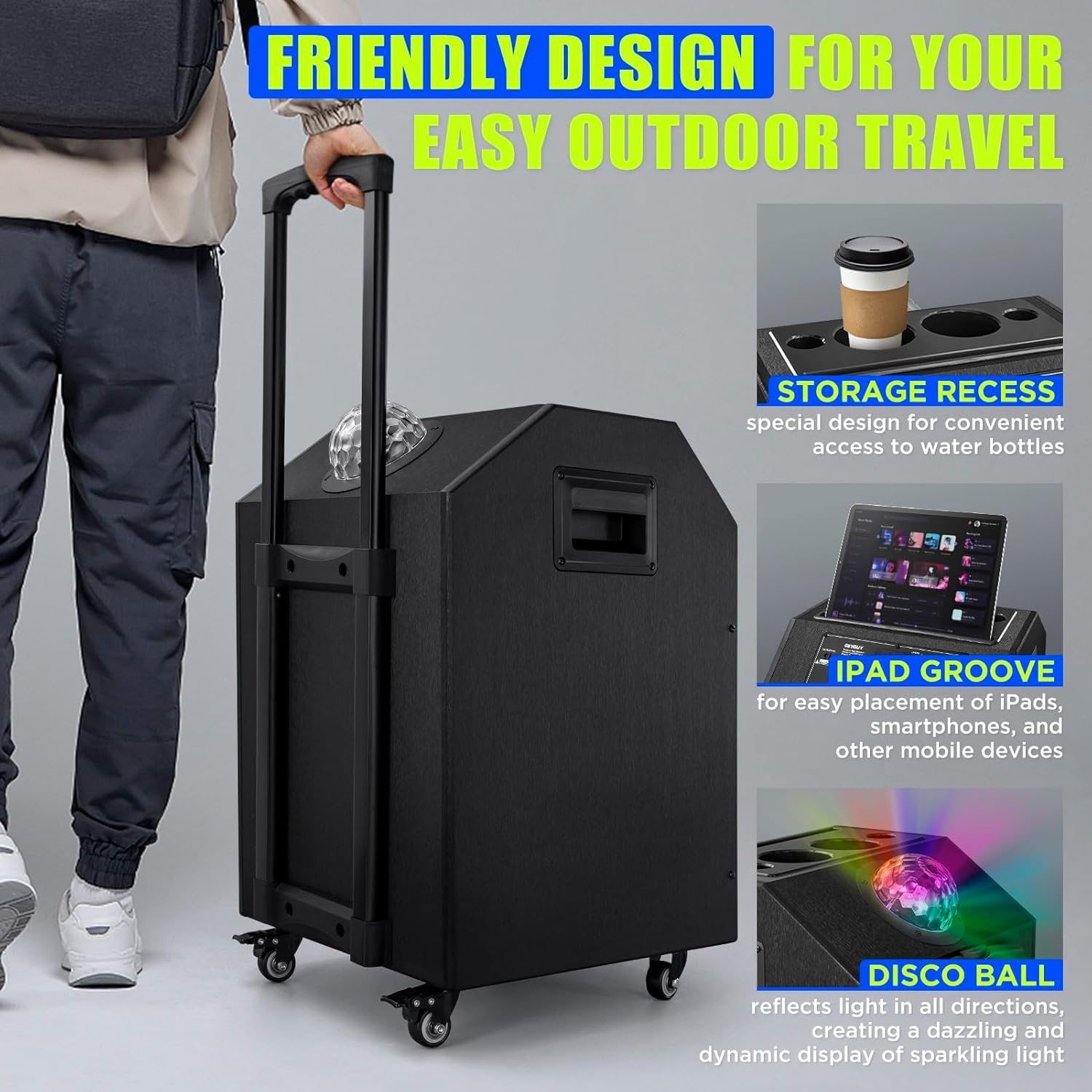 Karaoke Maschine Ankuka Karaoke Anlage mit 2 drahtlosen Mikrofonen Bluetooth PA Anlage mit Rädern und Disco Lichtern, unterstützt TV/TWS/EQ/AUX/USB/TF/Rec für Party, Geburtstag